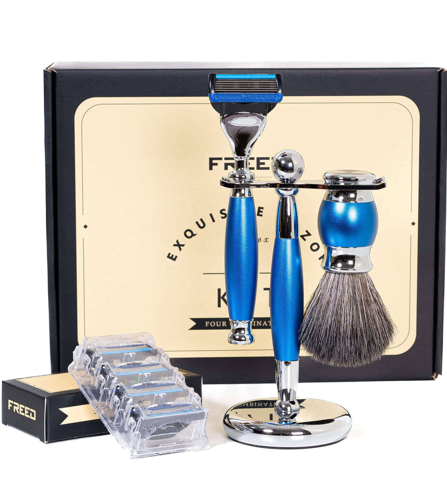 Luxury 4-Piece 5-Blade Razor Shaving Set for Men | Safety Razor Grooming Gift Set | Alloy Handle | Metallic Cobalt Blue - Buy Online on GoSupps.com