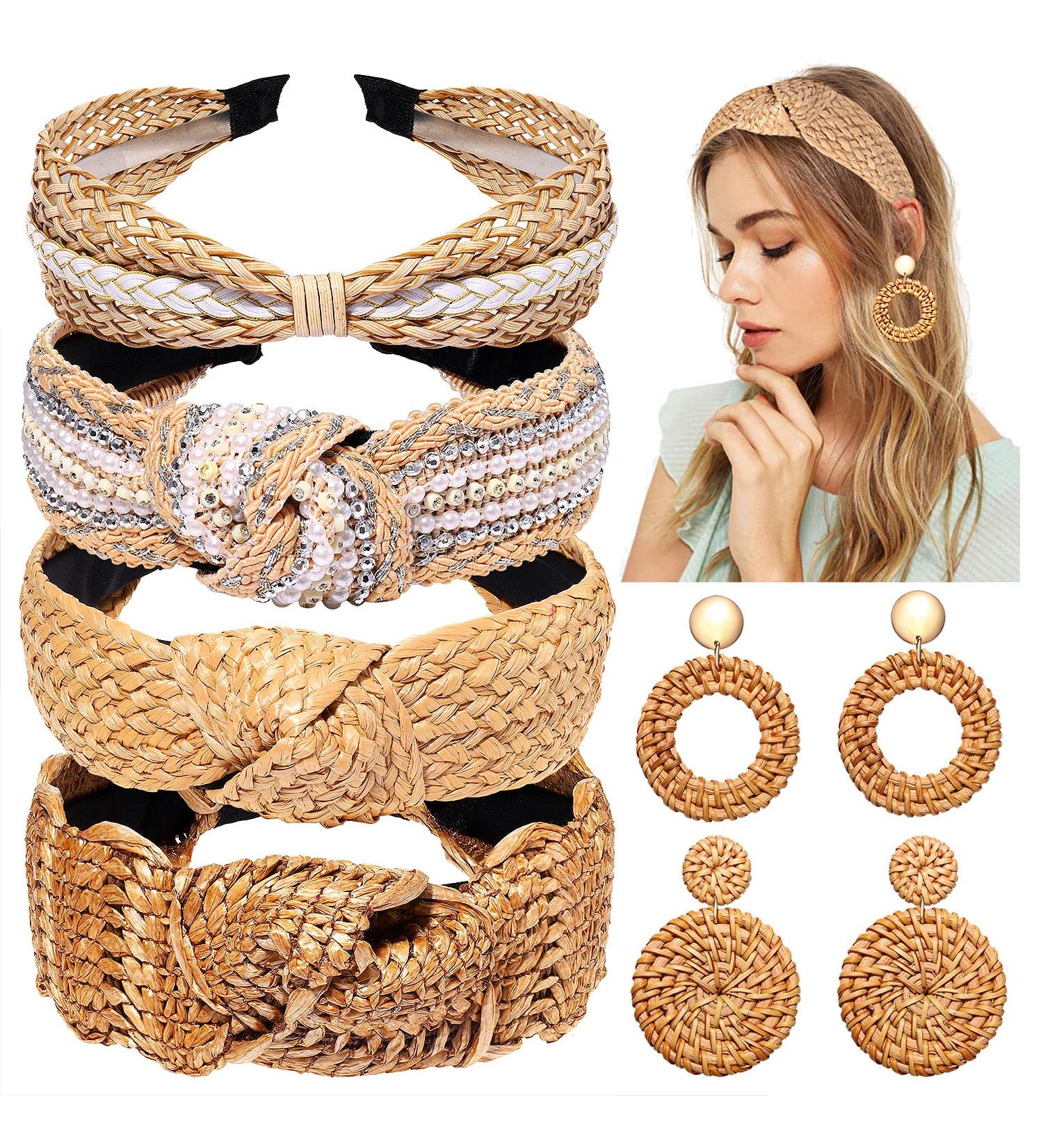 NVENF 6Pack Boho Rattan Earrings & Straw Headbands Set | Summer Beach Hair Accessories for Women - Style 2 - Buy Online on GoSupps.com