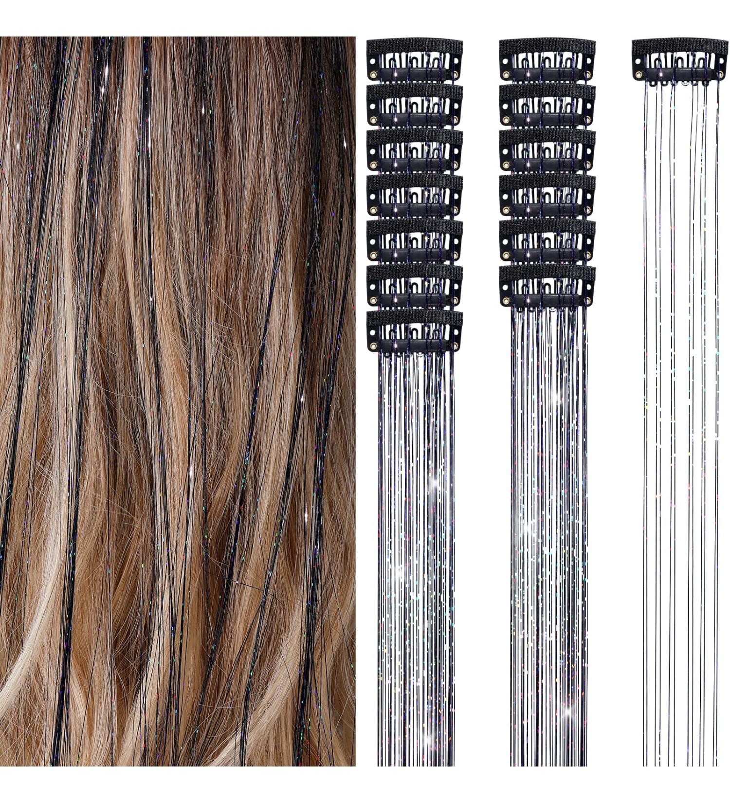 14 Pcs 18.5 Clip in Hair Tinsel Kit - Heat Resistant Glitter Extensions for Women, Girls, Kids - Black Fairy Sparkle Strands - Festival Hair Accessories - Buy Online on GoSupps.com