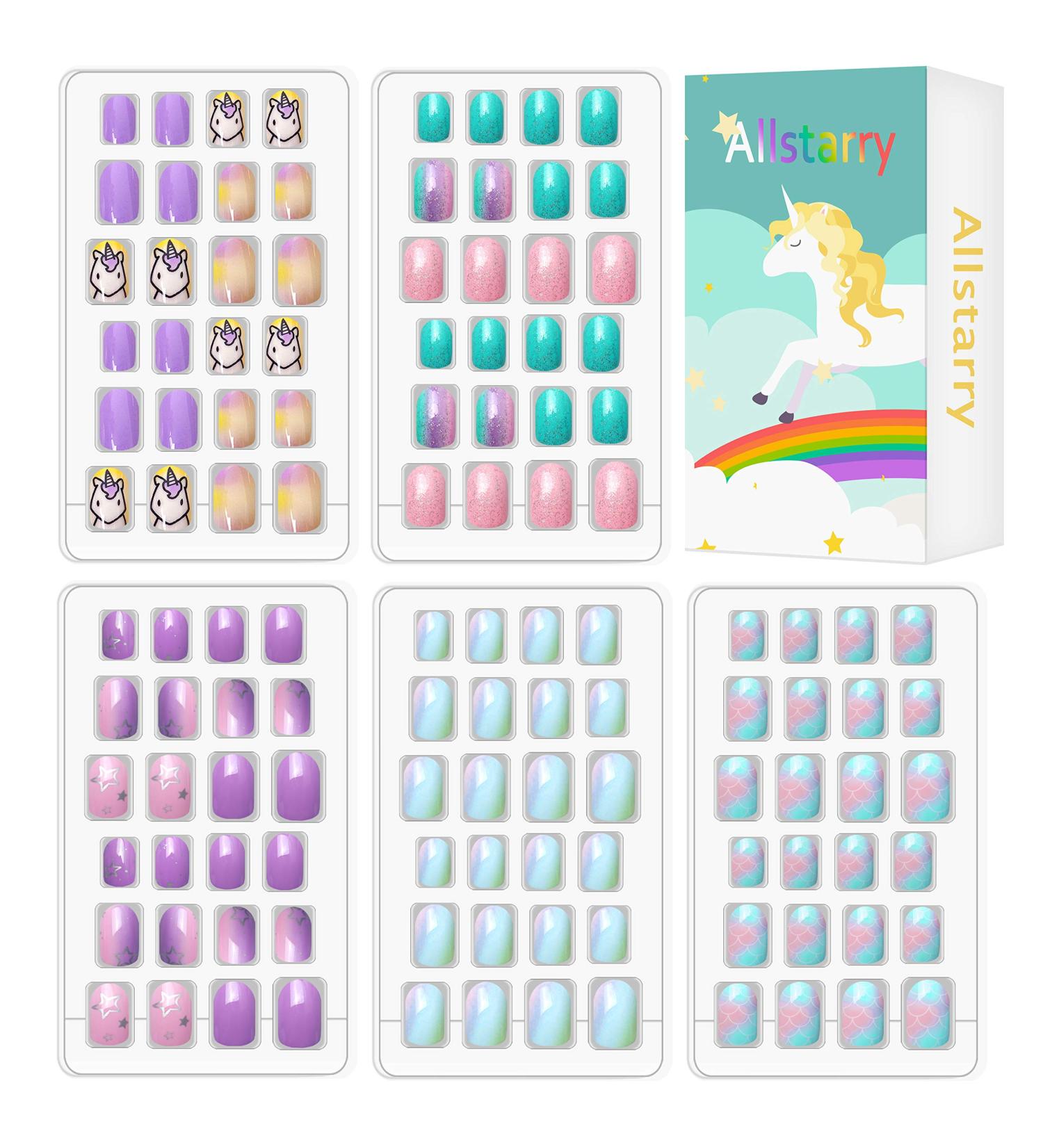 Allstarry 120-Piece Glitter Rainbow Nail Set for Kids - Short Artificial Nails Perfect Gift for Girls - Nail Art with Purple Unicorn Design - Buy Online on GoSupps.com