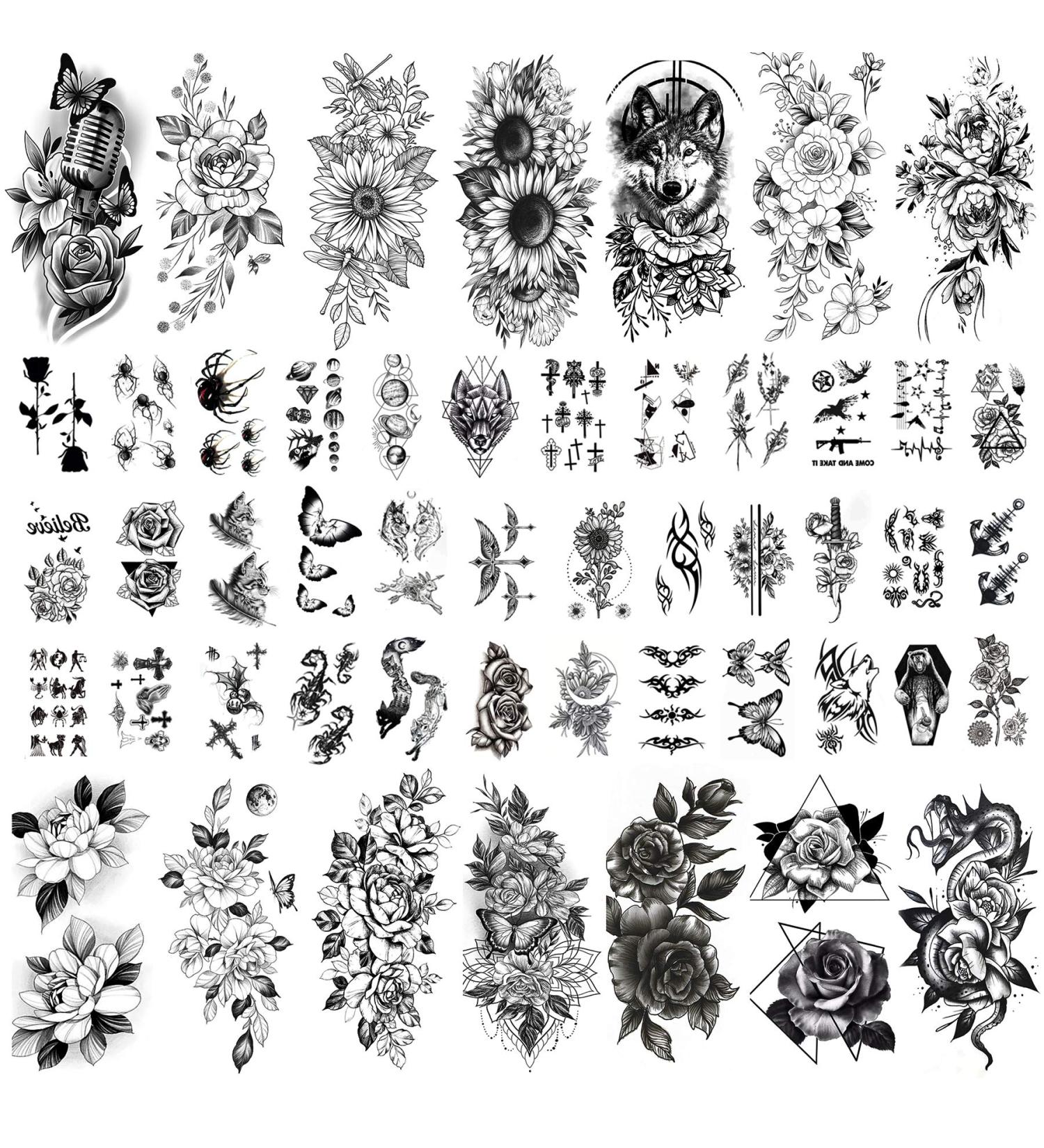 Kotbs 50 Sheets Sexy 3D Black Sketch Flowers Temporary Tattoos for Women Girls  Include 14 Sheets Large Tattoo Stickers for Adults Teens and 36 Sheets Tiny Tattoos Temporary Sticker for Kids AnimalMixed (50 Sheets)