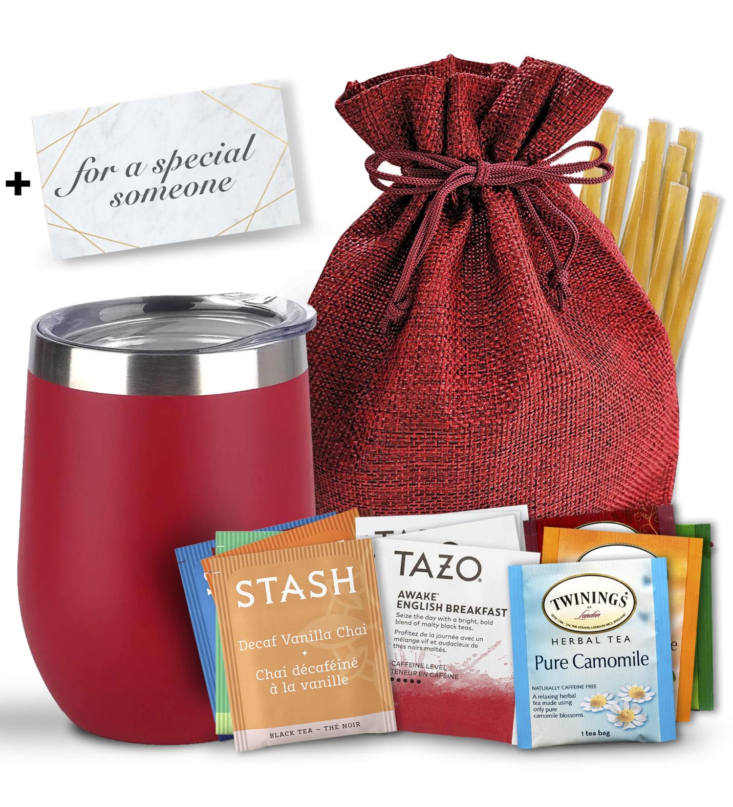 Bellina Tea Gift Baskets for Women and Men - Herbal Tea Variety Pack Gift Set for a Special Someone & Tea Lovers - Insulated Tea Cup  20 Premium Teas  10 Honey Straws  Gift Tag  Red Gift Bag For a Special Someone Red - Buy Online on GoSupps.com