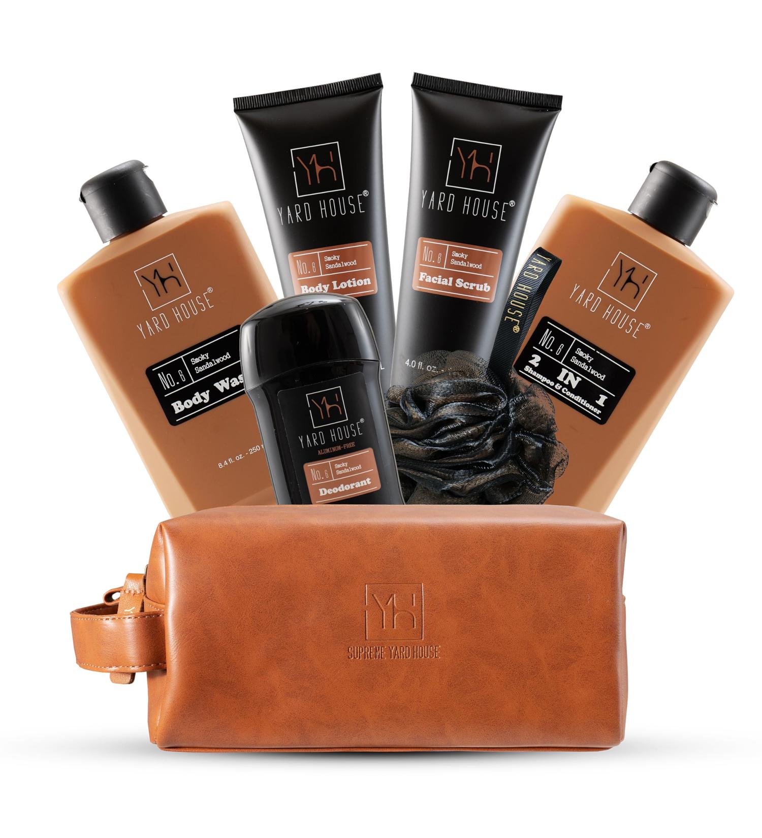 Luxury Men's Bath & Body Gift Set - Smoky Sandalwood Natural Skin Care Kit | Full Size Wash Scrub Lotion Deodorant in Leather Bag - Buy Online on GoSupps.com