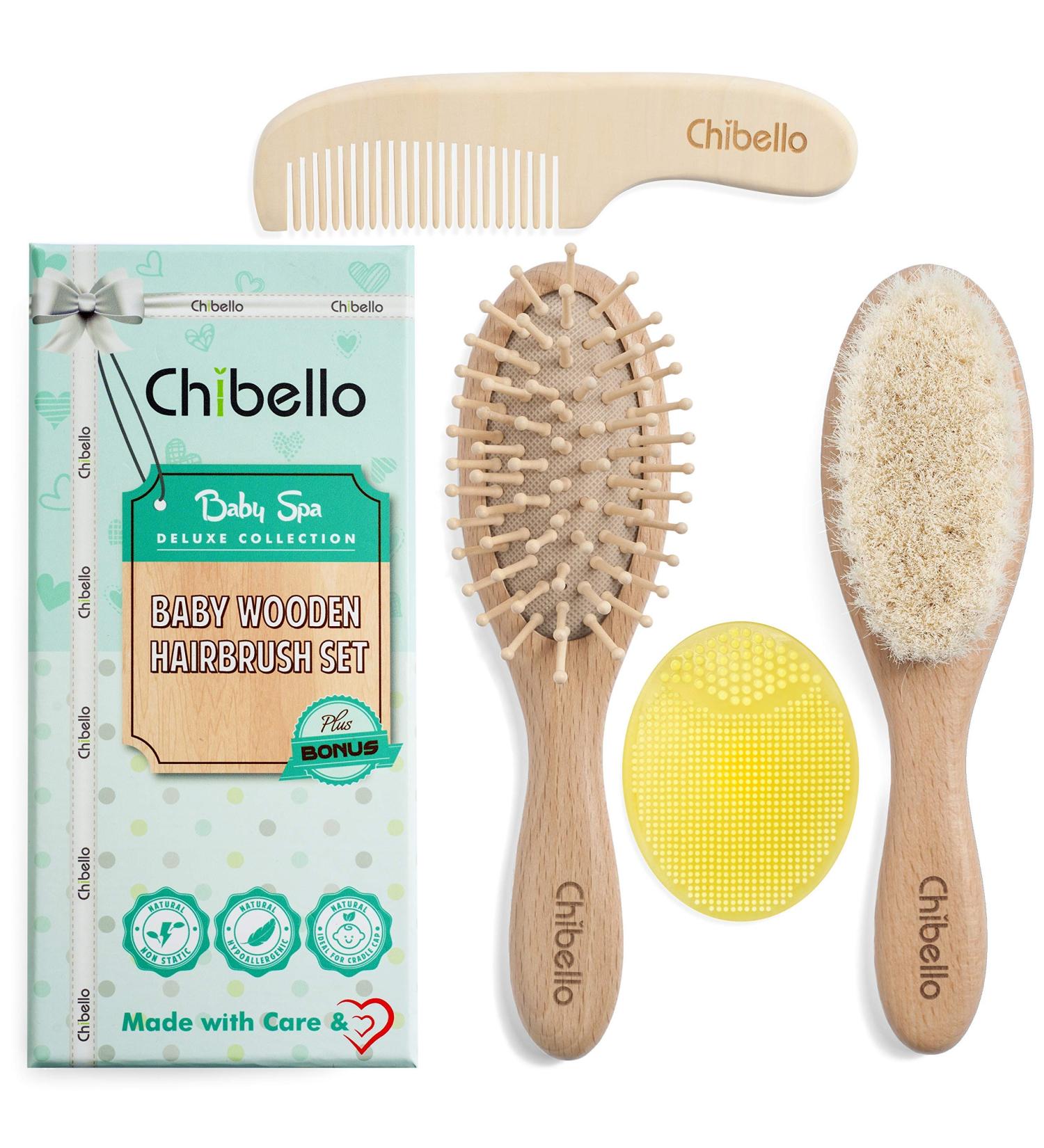 Chibello 4 Piece Wooden Baby Hair Brush and Comb Set - Natural Goat Bristles - Gentle Cradle Cap Treatment - Ideal for Newborns and Toddlers - Perfect for Baby Shower and Registry - Buy Online on GoSupps.com