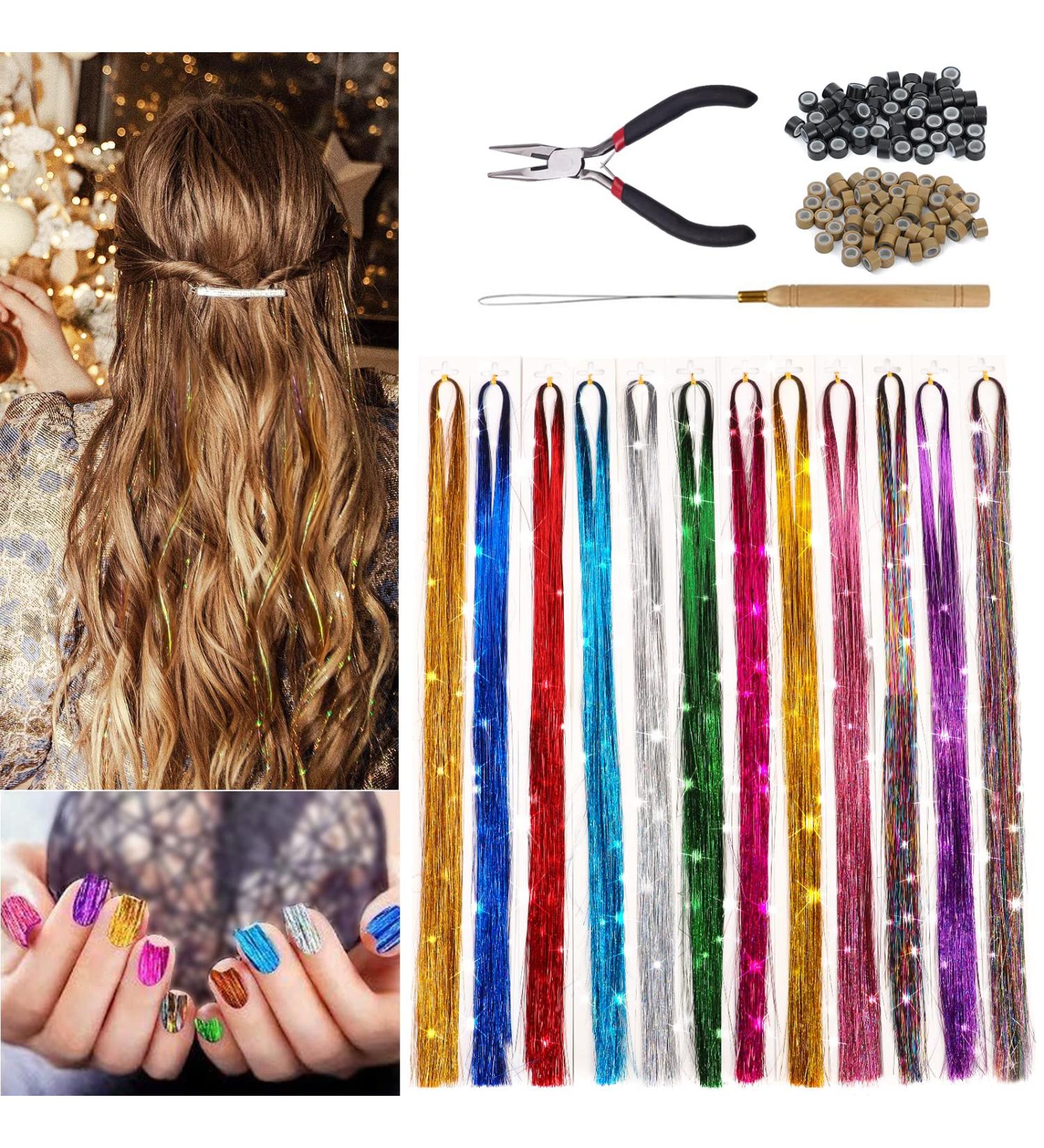 Fairy Hair Tinsel Kit - 47 Strands, 12 Colors, 3600 Strands - Glitter Sparkling Hair Extensions for Cosplay & Parties - Buy Online on GoSupps.com