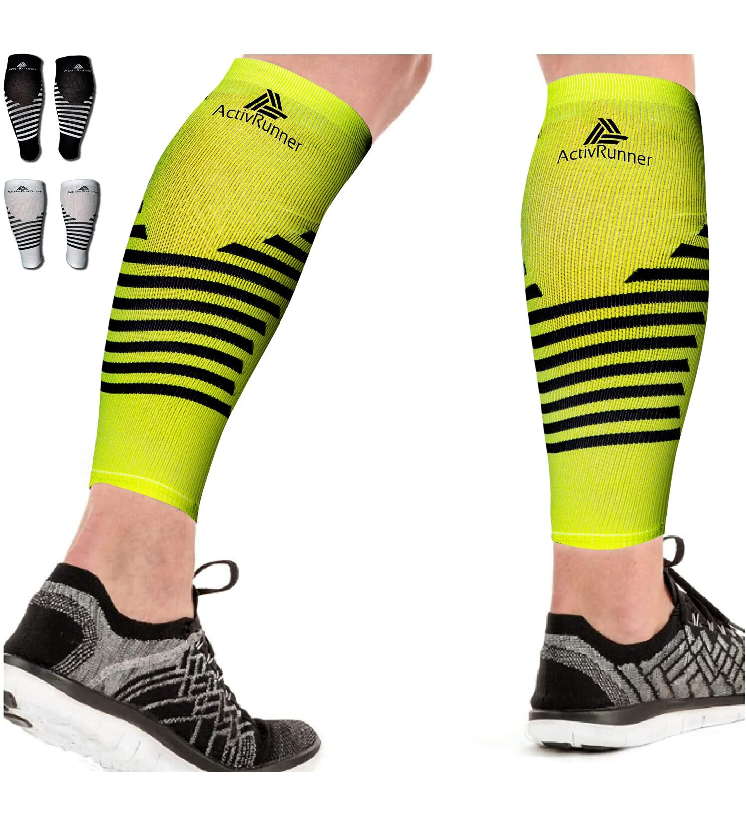 ActivRunner Calf Compression Sleeves. 2 Pairs Per Pack. Performance Compression Support for Improved Circulation Shin Splints Calf Muscle Cramps Injury Prevention Exercise Recovery Medium (calf 32-38cm) Fluorescent Yellow/Black - Buy Online on GoSupps.com