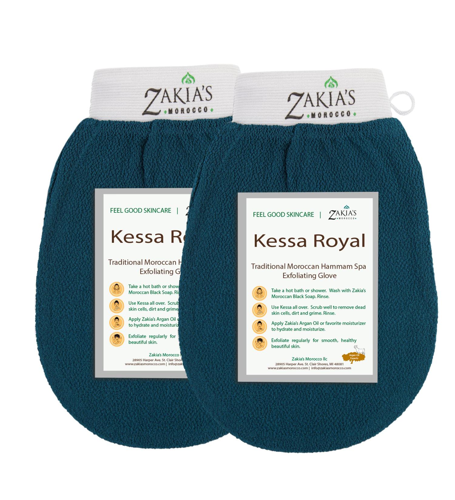 Zakia's Morocco Original Kessa Exfoliating Glove - Removes unwanted dead skin, dirt and grime. Great for self-tanning preparation. Made of 100% natural Rayon. (Pack of 2, Rough Blue) Pack of 2 Rough Blue