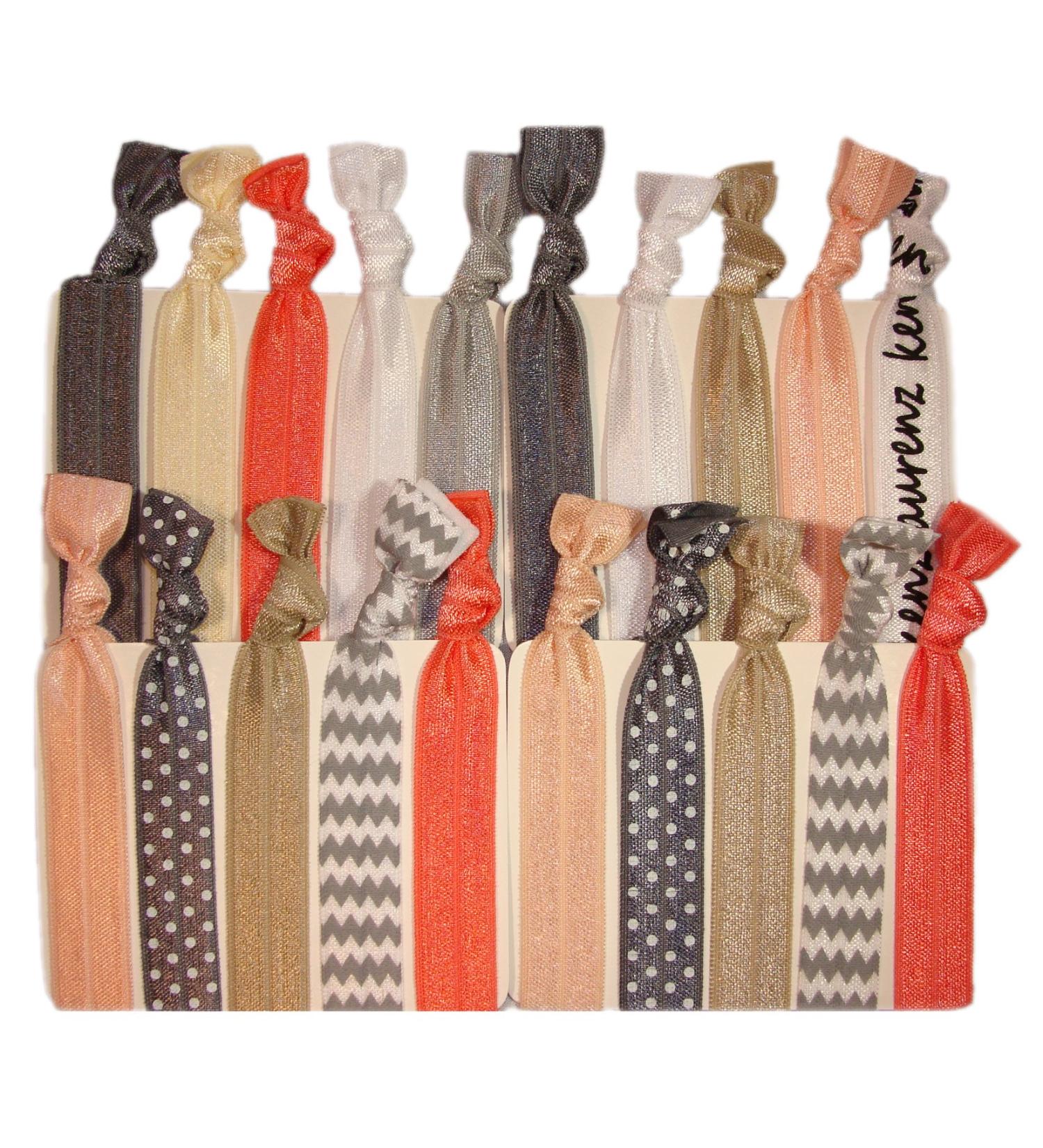 Hair Ties Ponytail Holders - 20 Pack Silver Peach Chevron No Crease Ouchless Elastic Styling Accessories Pony Tail Holder Ribbon Bands - By Kenz Laurenz
