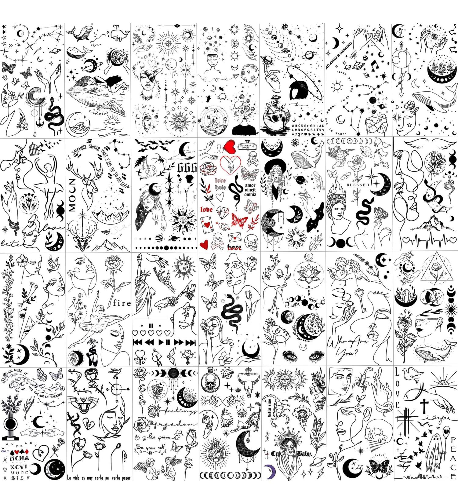 Shegazzi Minimalism Line Art Temporary Tattoos - 28 Sheets, 220+ PCS - Moon Sun Star Snake Flower Space Designs - For Men Women Adults Kids - Finger Neck Fake Tattoo Stickers - Buy Online on GoSupps.com