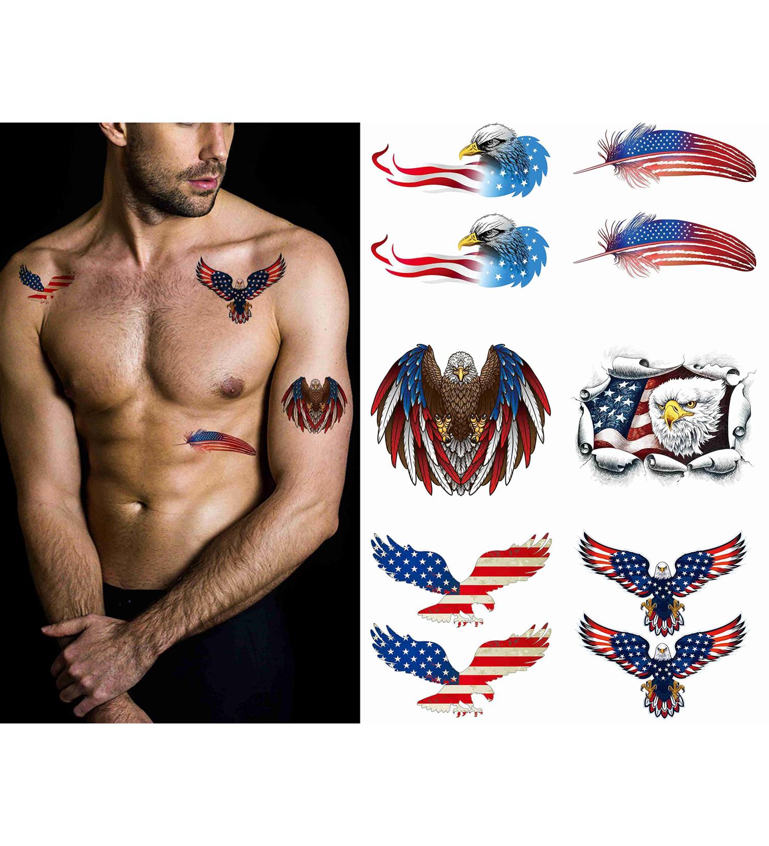 Eagle Temporary Tattoos Set - 10 Sheets for Men and Women, USA Flag Designs, Independence Day Theme - Ideal for Neck, Arms, Hands, and Legs - Buy Online on GoSupps.com