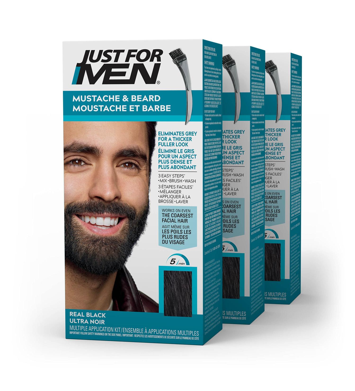 Just For Men Mustache & Beard Beard Dye for Men with Brush Included for Easy Application With Biotin Aloe and Coconut Oil for Healthy Facial Hair Real Black M-55 (3 Count) Real Black 3 count (Pack of 1) - Buy Online on GoSupps.com