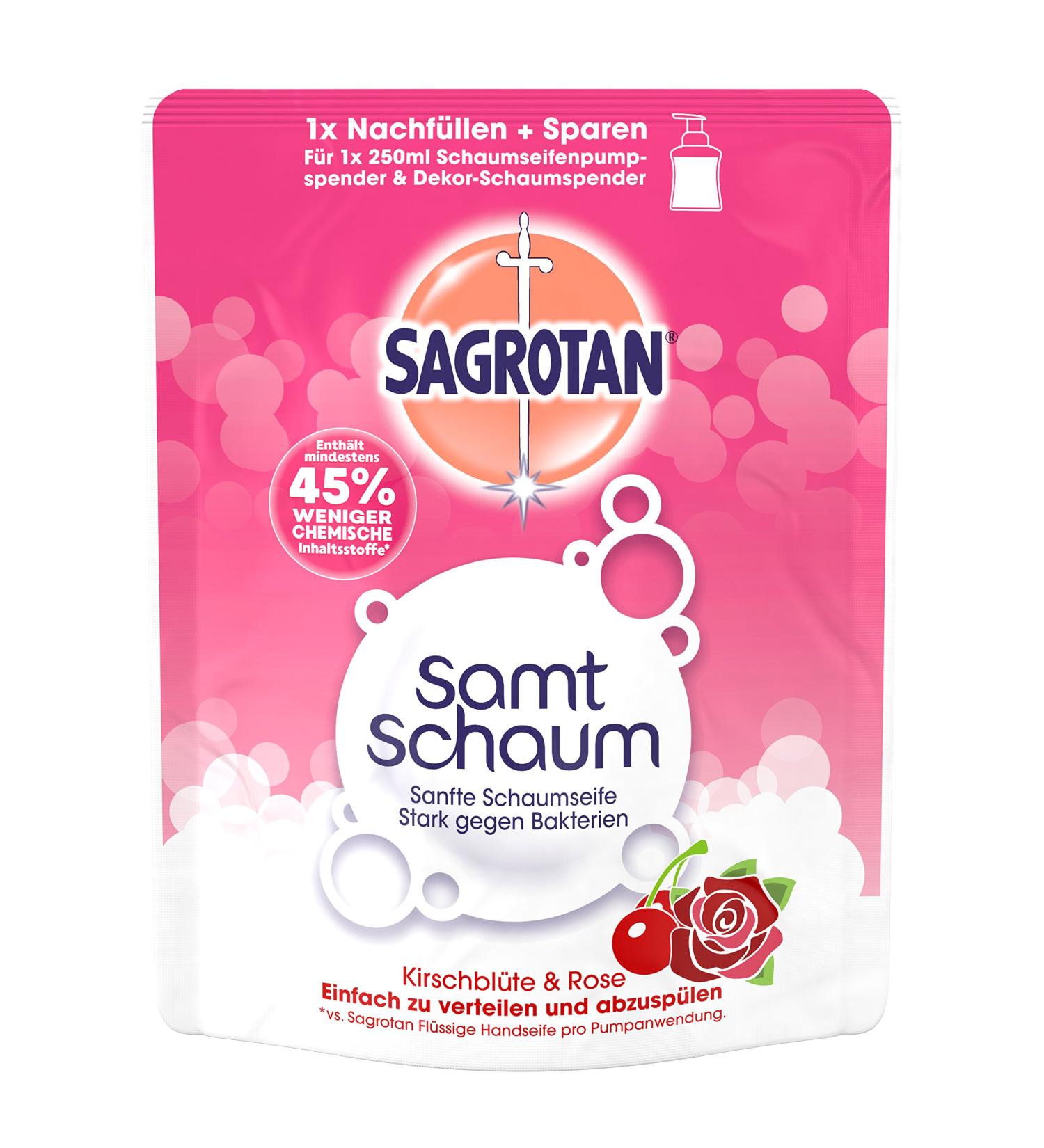Sagrotan Velvet Foam Soap Refill Cherry Blossom & Rose Pack of 4 (4 x 250 ml) Rose 250 ml (Pack of 4)