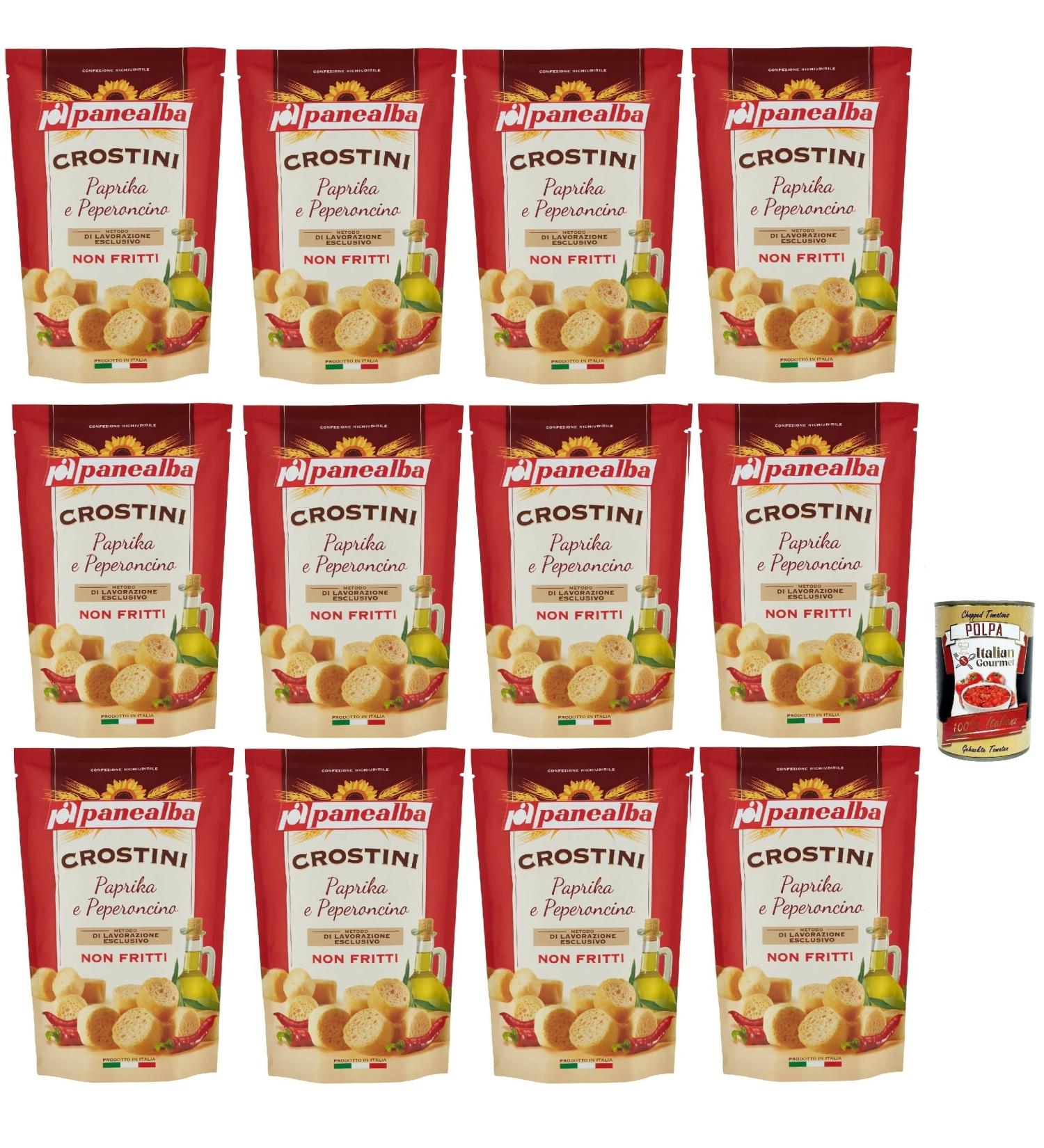 Panealba Crostini Crostini Croutons with pepper and chilli peppers 12 x 100 g + Italian polpa Gourmet 400 g - Buy Online on GoSupps.com