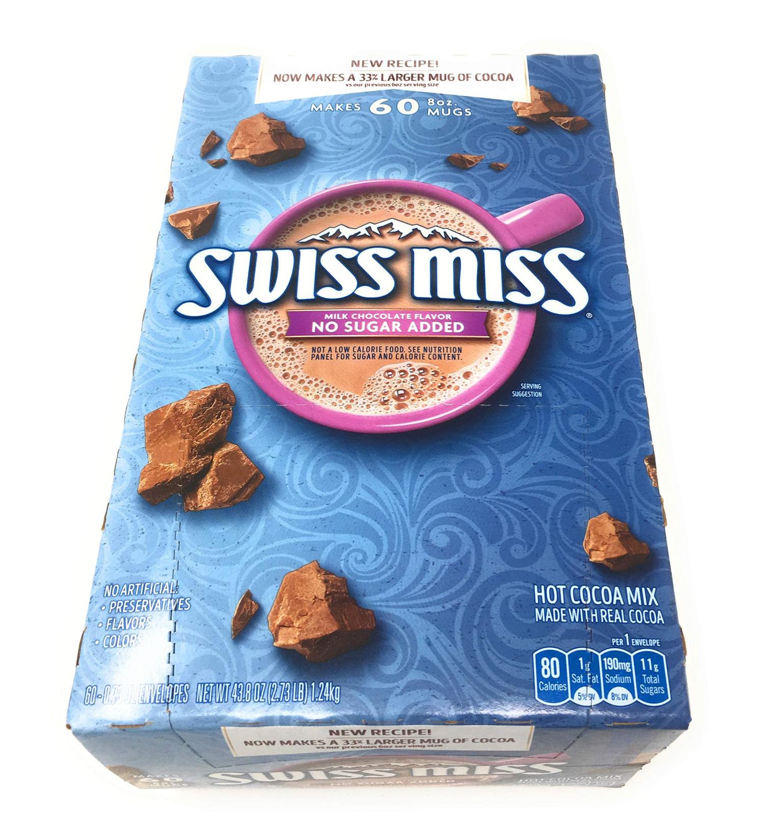 Swiss Miss Hot Cocoa Mix, Milk Chocolate, No Sugar Added, 60-Count Envelopes (Pack of 2) Milk Chocolate, No Sugar Added 60 Count (Pack of 2)