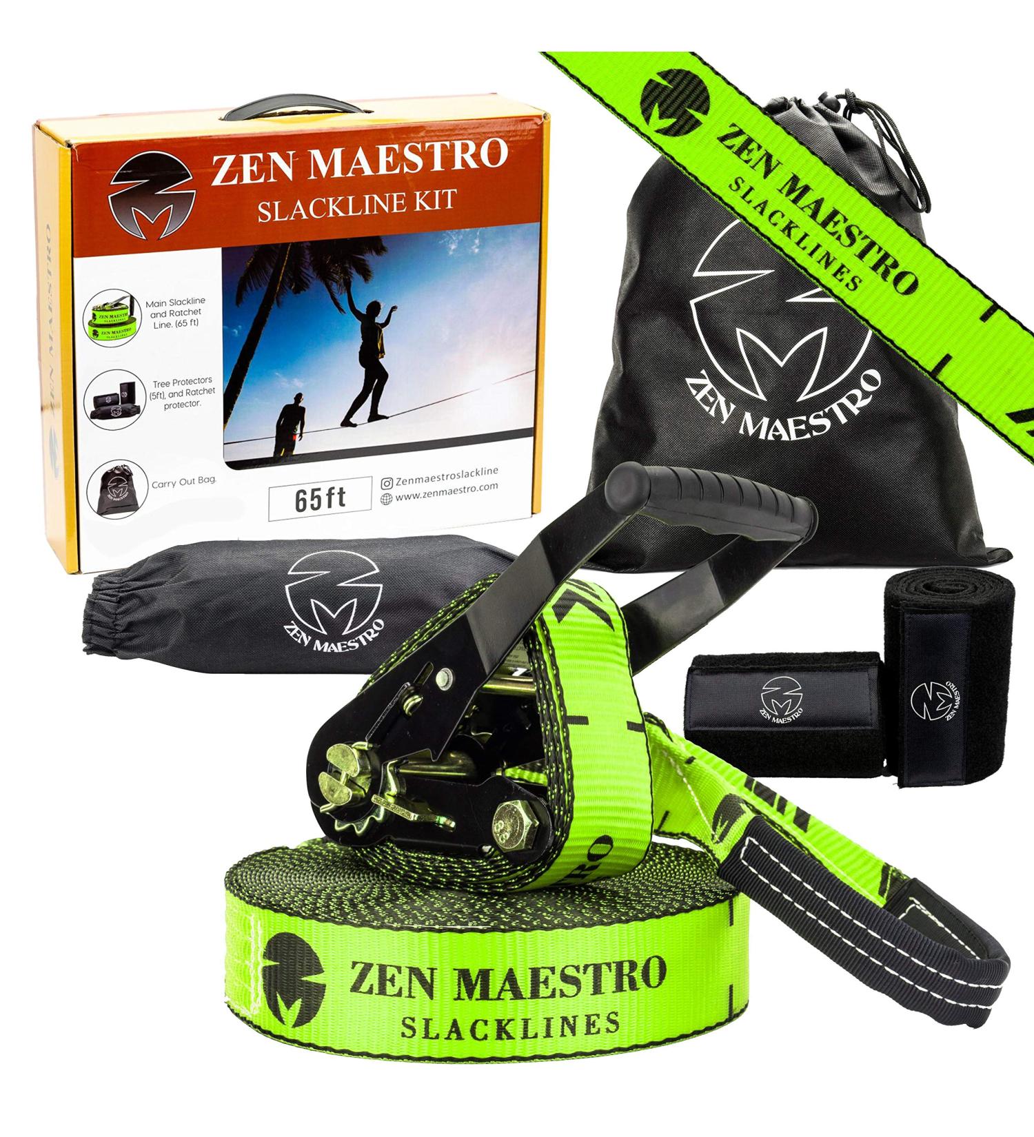 Zen Maestro 65ft Slackline Kit with Protectors & Optional Training Line - Outdoor Backyard Fun for All with Carry Bag and Instruction Booklet - Buy Online on GoSupps.com
