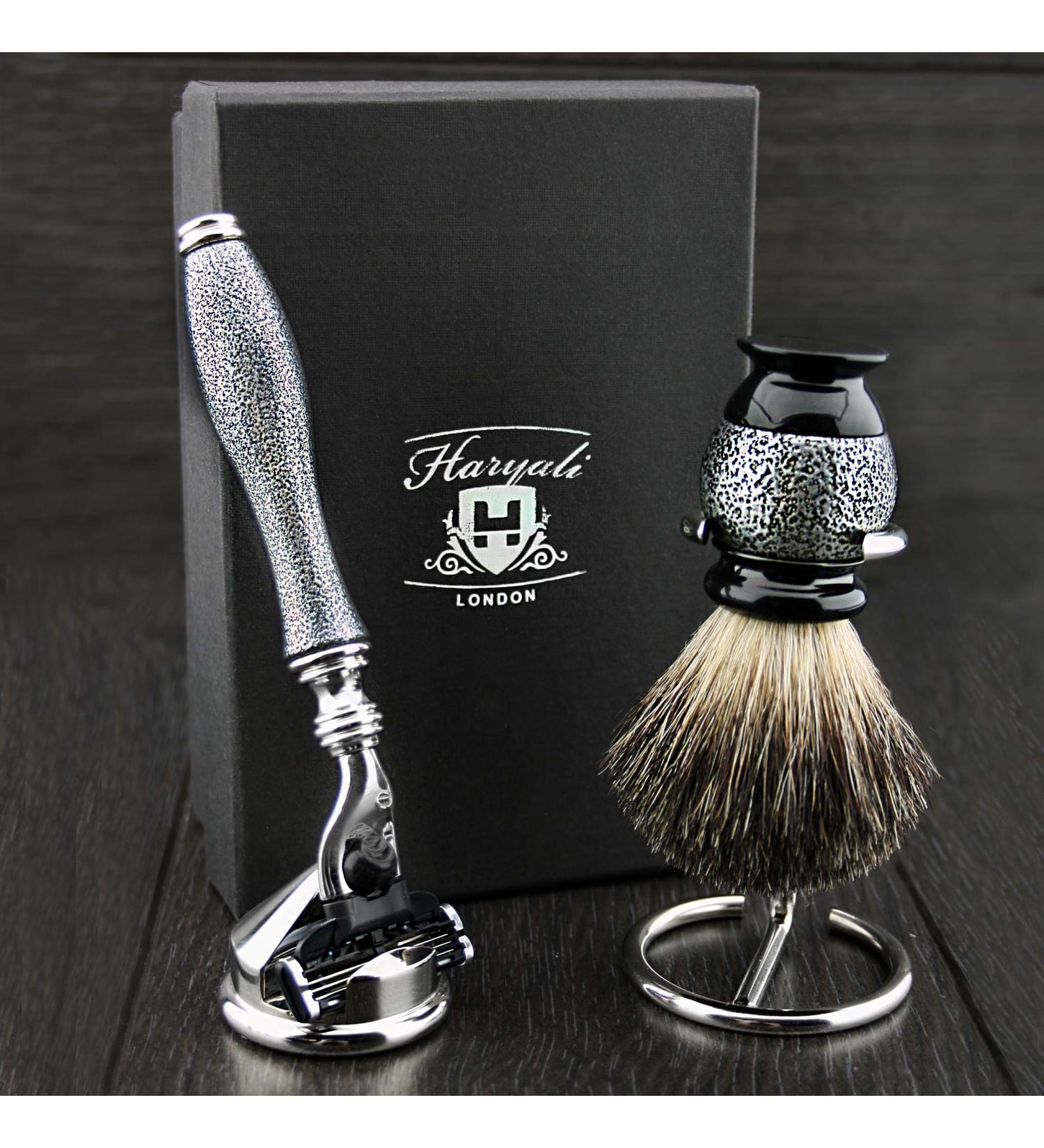 4 Pc Men's Shaving Kit - 3 Edge Razor Black Badger Hair Brush & Stands | Perfect Gift for Men - Buy Online on GoSupps.com