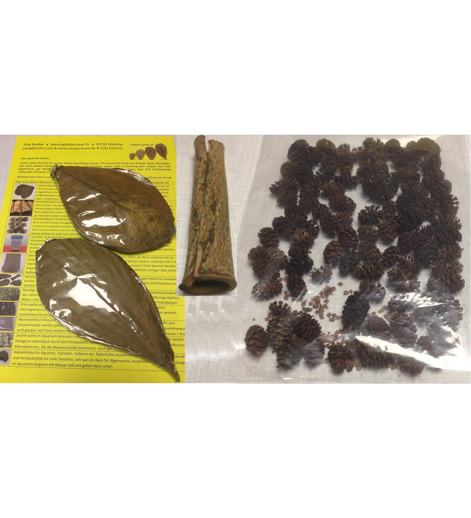 Catapa-Leaves Topsellerset Water preparation for healthy fish + shrimp (20 sea almond tree leaves 50gr alder peg bark tube)