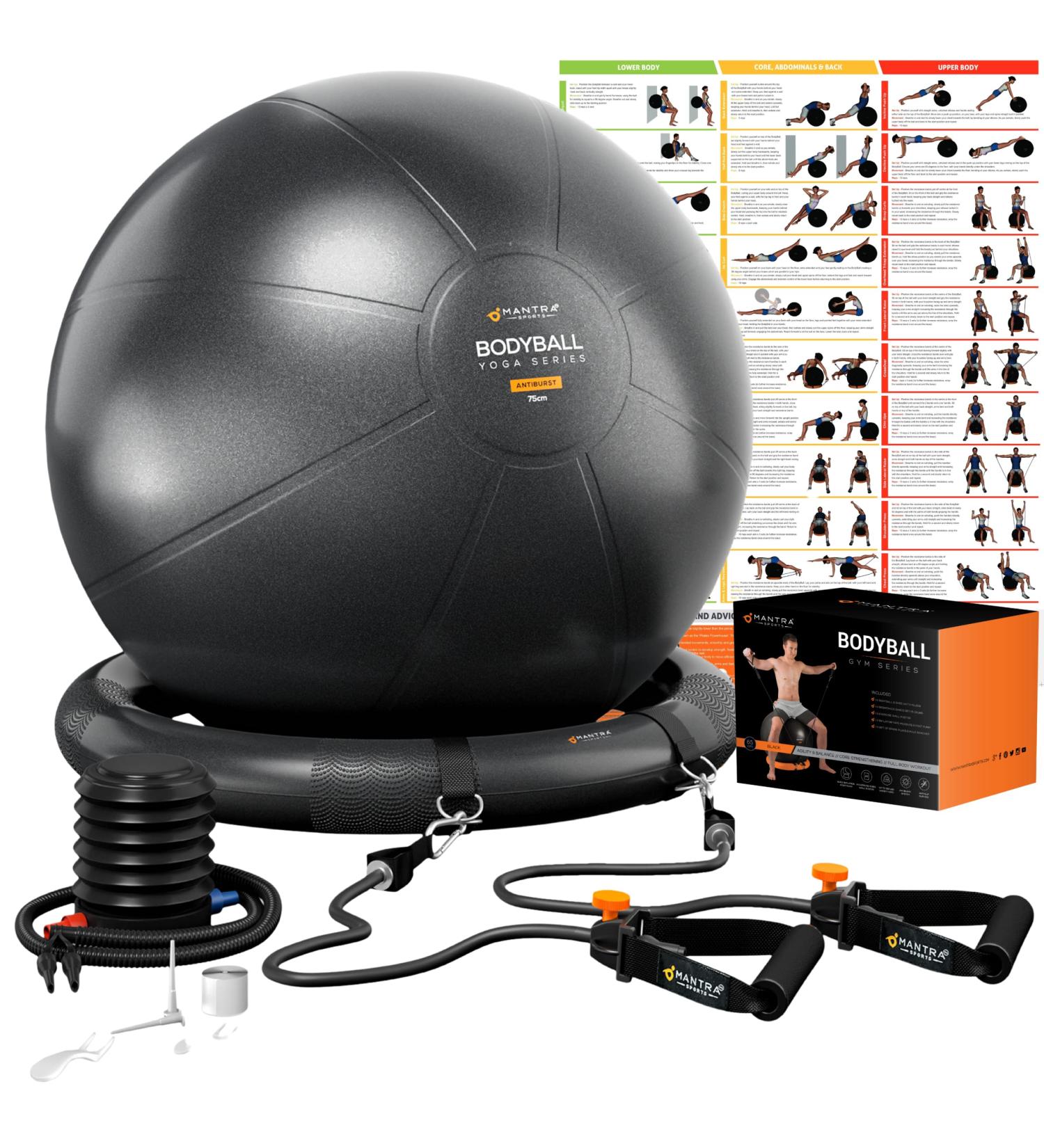 Exercise Ball Chair with Resistance Bands & Stability Base | Black 65cm Yoga Ball for Fitness, Pregnancy, Pilates | Home Gym & Office Workouts | Physio & Birthing Support - Buy Online on GoSupps.com