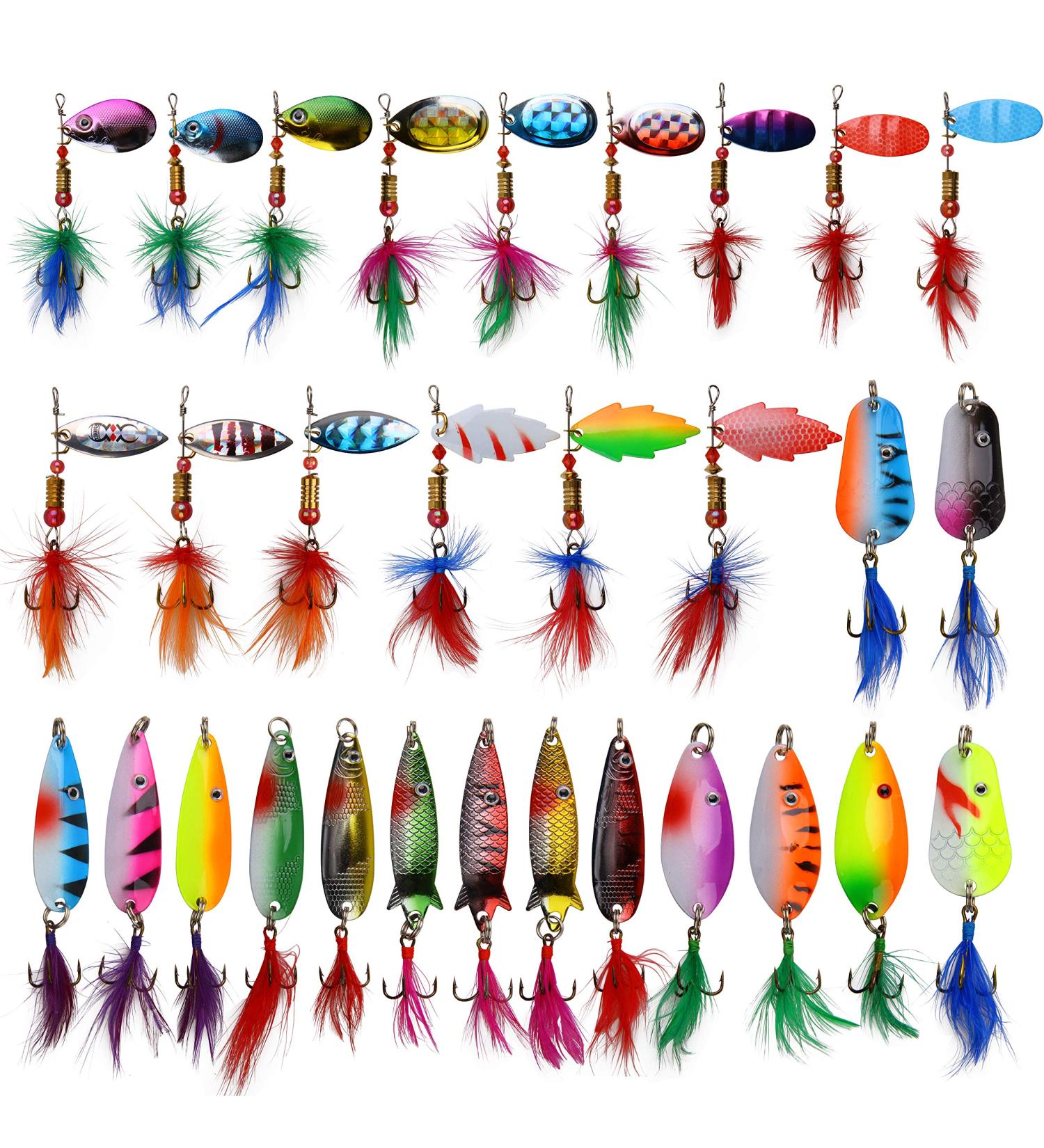 Rooster Bait Tail Spinner Fishing Lures Kit - 30pcs Metal Spoon Lures with Feathered Hooks - Bass, Walleye, Trout - Freshwater & Saltwater - Buy Online on GoSupps.com
