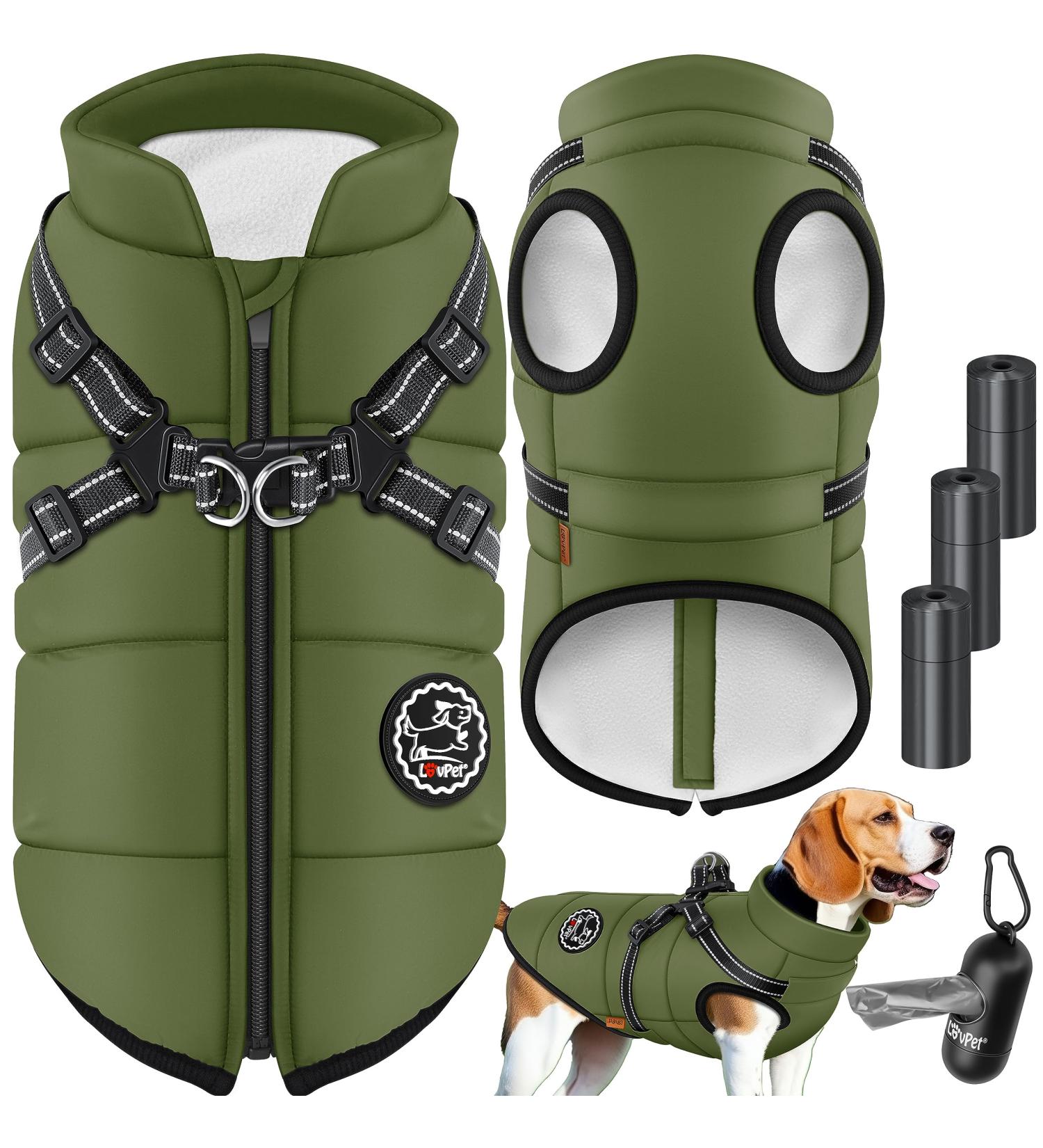 LOVPET Dog Jacket & Coat - Waterproof Padded Vest with Reflectors D-Ring & Chest Strap - 3XL Khaki Includes 45 Faeces Dishes & Donor for Dogs - Buy Online on GoSupps.com