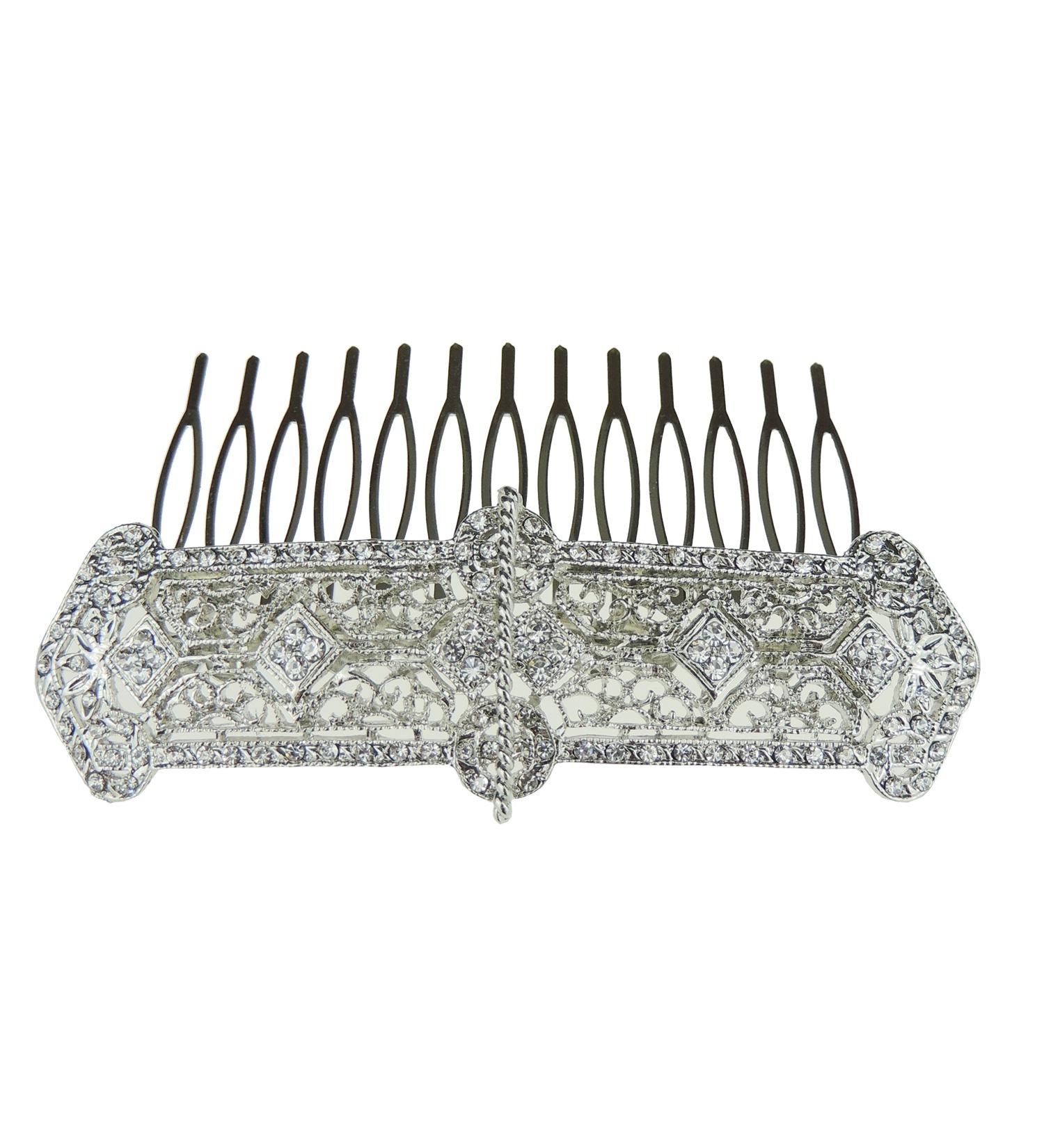 Womens Sparkly Rhinestone Crystal Diamante Metal Byzantine Style Vintage Look Ornate Bridal Bride Bridesmaid Wedding Tiara Flower Thick Long Hair Jewelry 9cm Side Slide Comb Headpiece Silver