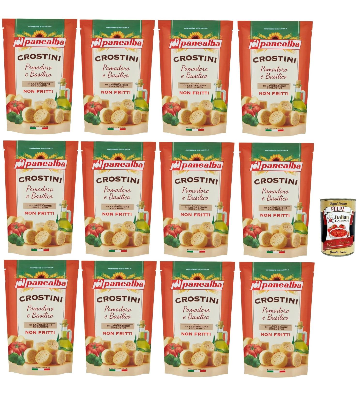 Panealba Crostini Pomodoro e Basilico Tomato and Basil Croutons Salty Snack Not Fried 12 x 100 g with Gourmet Italian Polpa 400 g - Buy Online on GoSupps.com