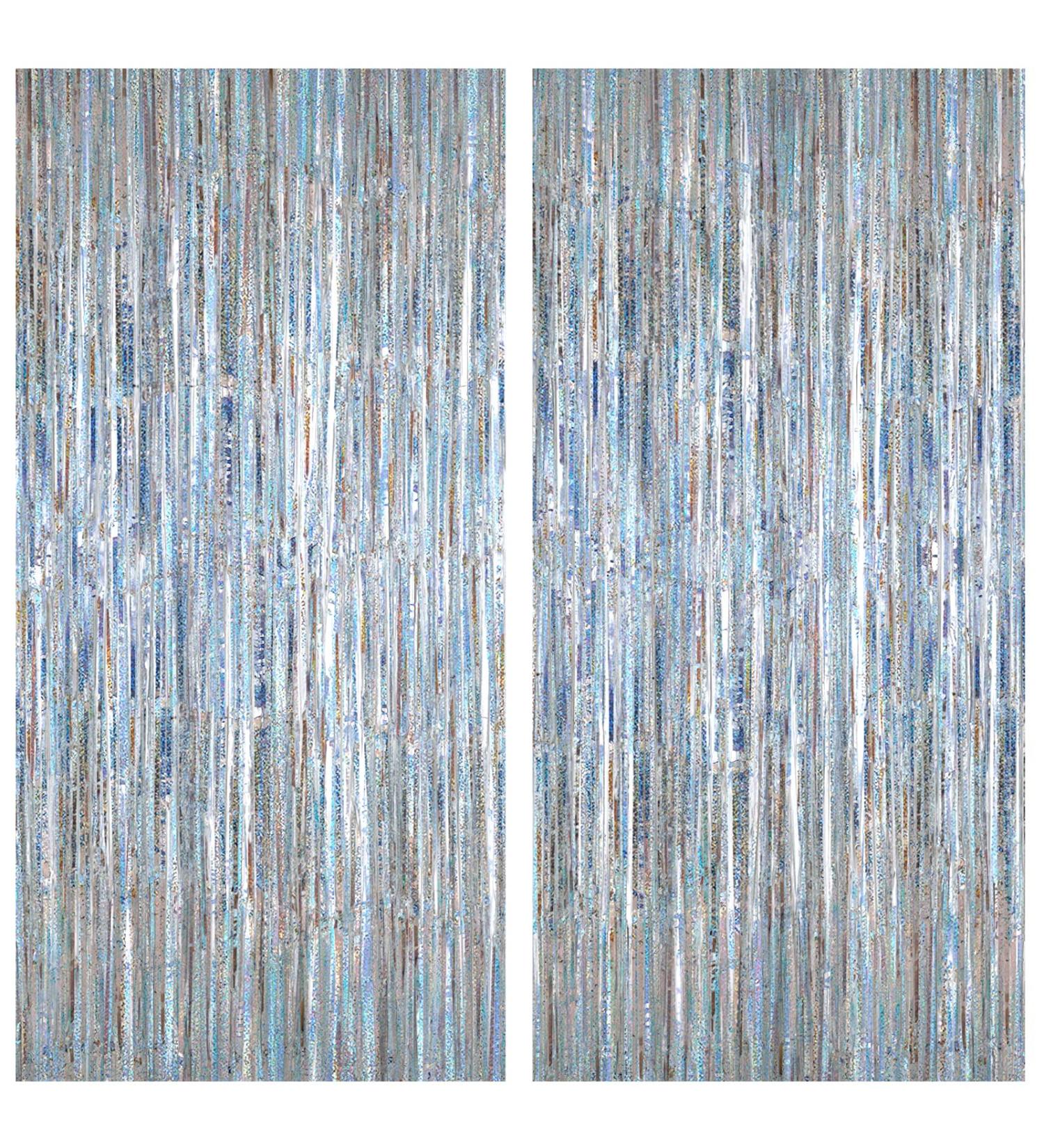 2 Pack Silver Metallic Tinsel Foil Fringe Curtains - 3.2ft x 8.2ft - Party Backdrop for Birthday, Graduation, Shower Decor - Buy Online on GoSupps.com