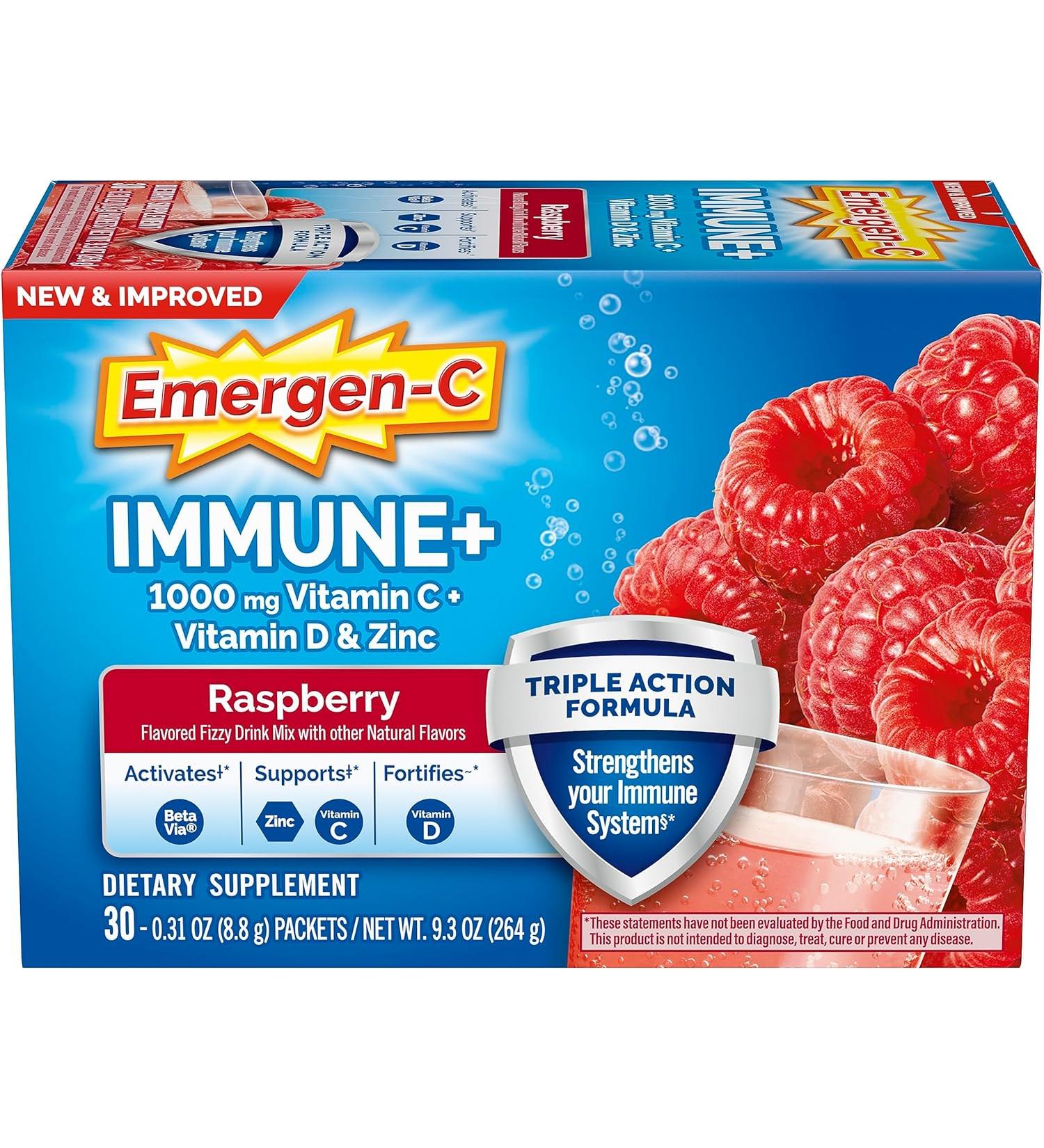 Emergen-C Immune+ Triple Action Powder - 1000mg Vitamin C, B Vitamins, Antioxidants, Raspberry Flavor - 30 Count - Buy Online on GoSupps.com