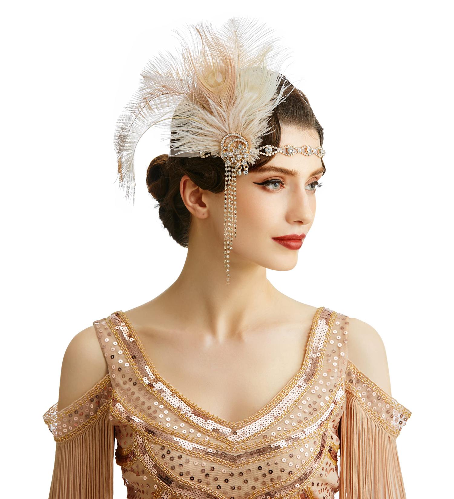 Babeyond 1920s Flapper Headband | Art Deco Costume Accessory | Great Gatsby Style Hair Band for Women - Champagne - Buy Online on GoSupps.com