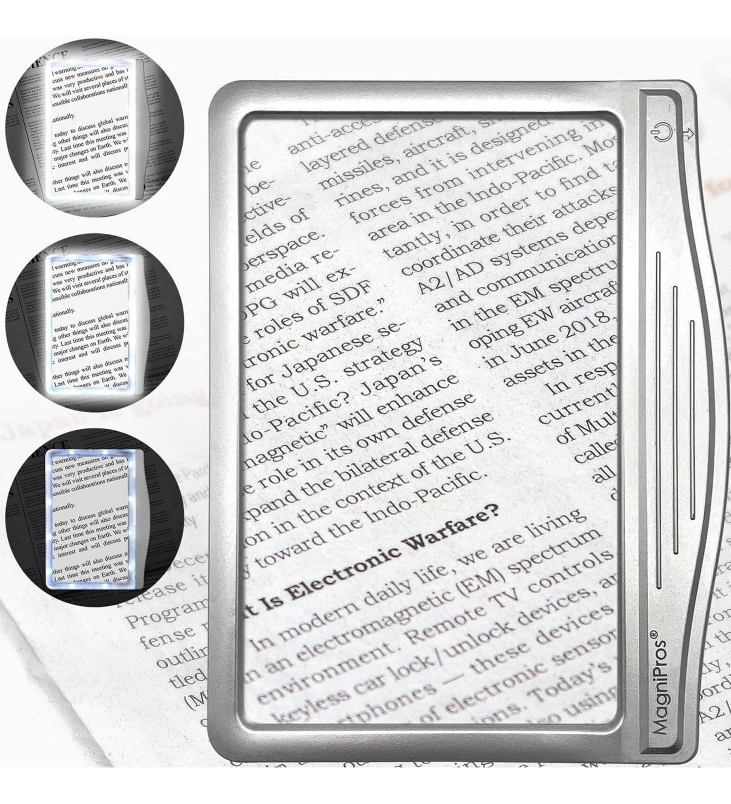 MagniPros 3X Large Ultra Bright LED Page Magnifier with 12 Anti-Glare Dimmable LEDs(Evenly Lit Viewing Area & Relieve Eye Strain)-Ideal for Reading Small Prints & Low Vision Seniors with Aging Eyes Silver - Buy Online on GoSupps.com