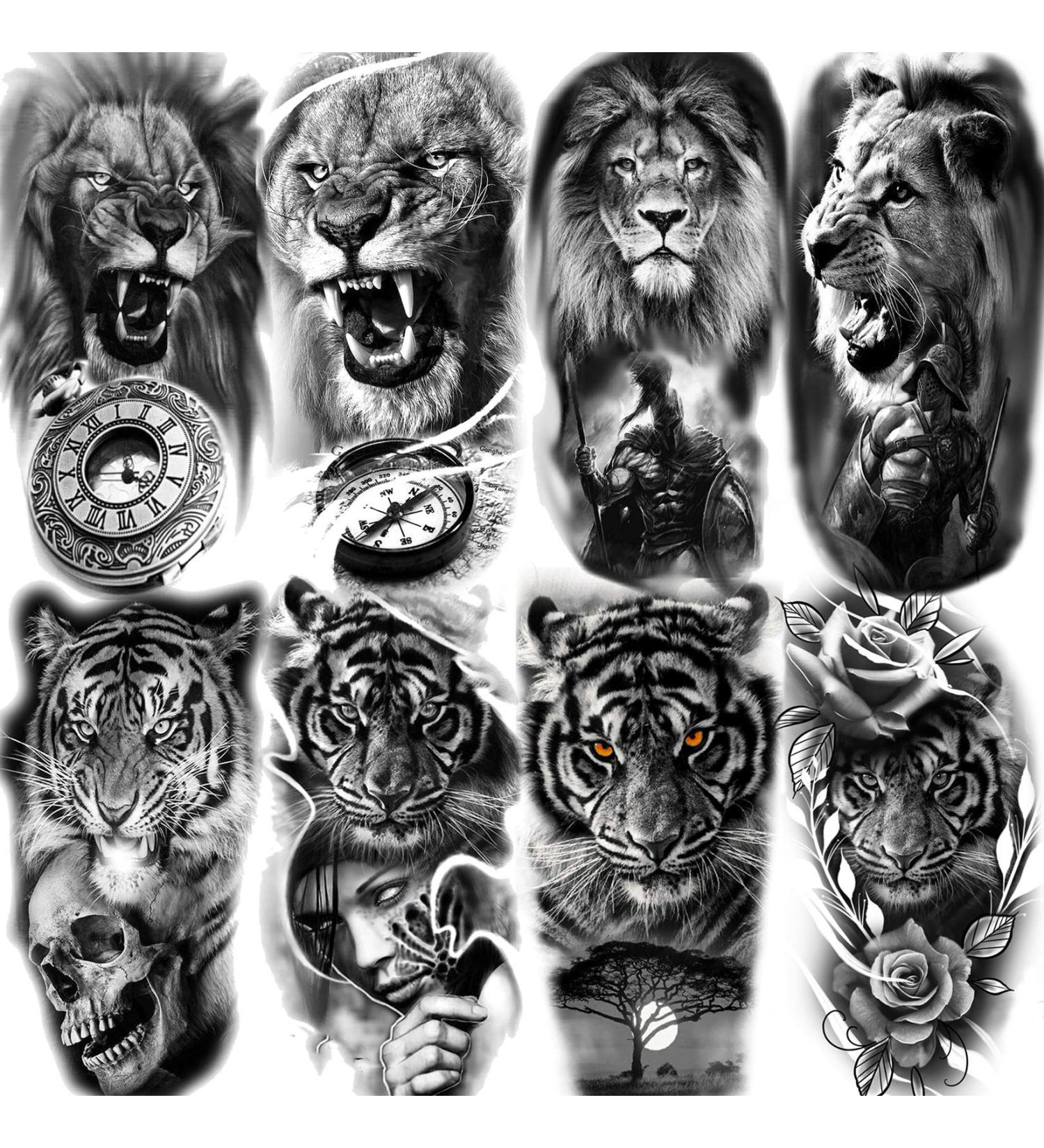8 Sheets Realistic 3D Black Tribal Tiger Temporary Tattoos - Men/Women Pirate Lion Compass Clock Warrior Gladiator Fake Tattoo Stickers - Buy Online on GoSupps.com