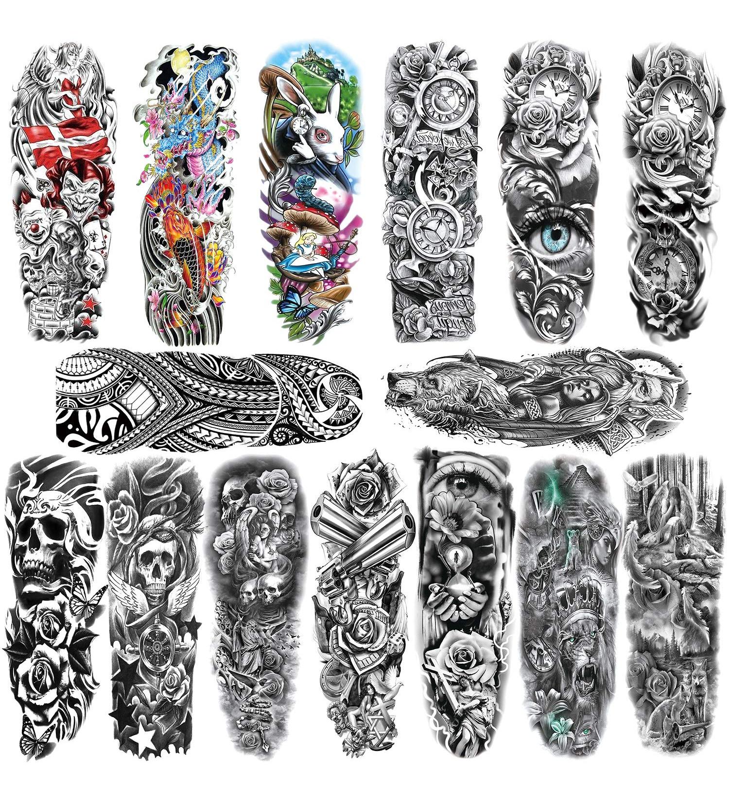 Konsait 15 Sheets Large Temporary Tattoos | Full Arm Tattoo Sleeves for Men and Women | Black Body Stickers | Fake Body Art - Buy Online on GoSupps.com