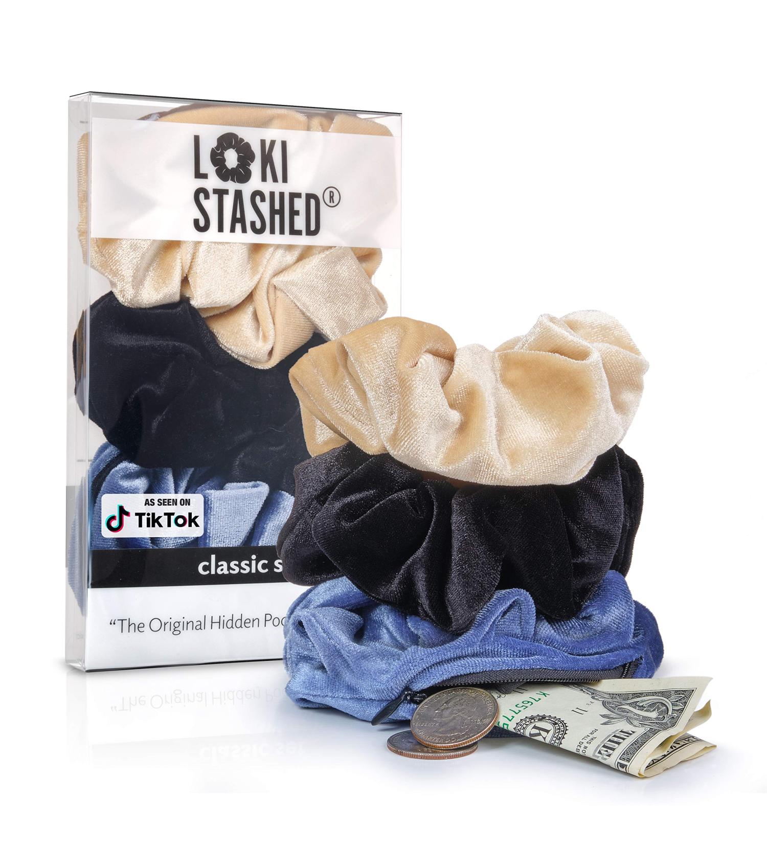 LokiStashed 3-PACK Velvet Hair Tie Scrunchies with Hidden Zipper Pocket - Navy Tan Black - Buy Online on GoSupps.com