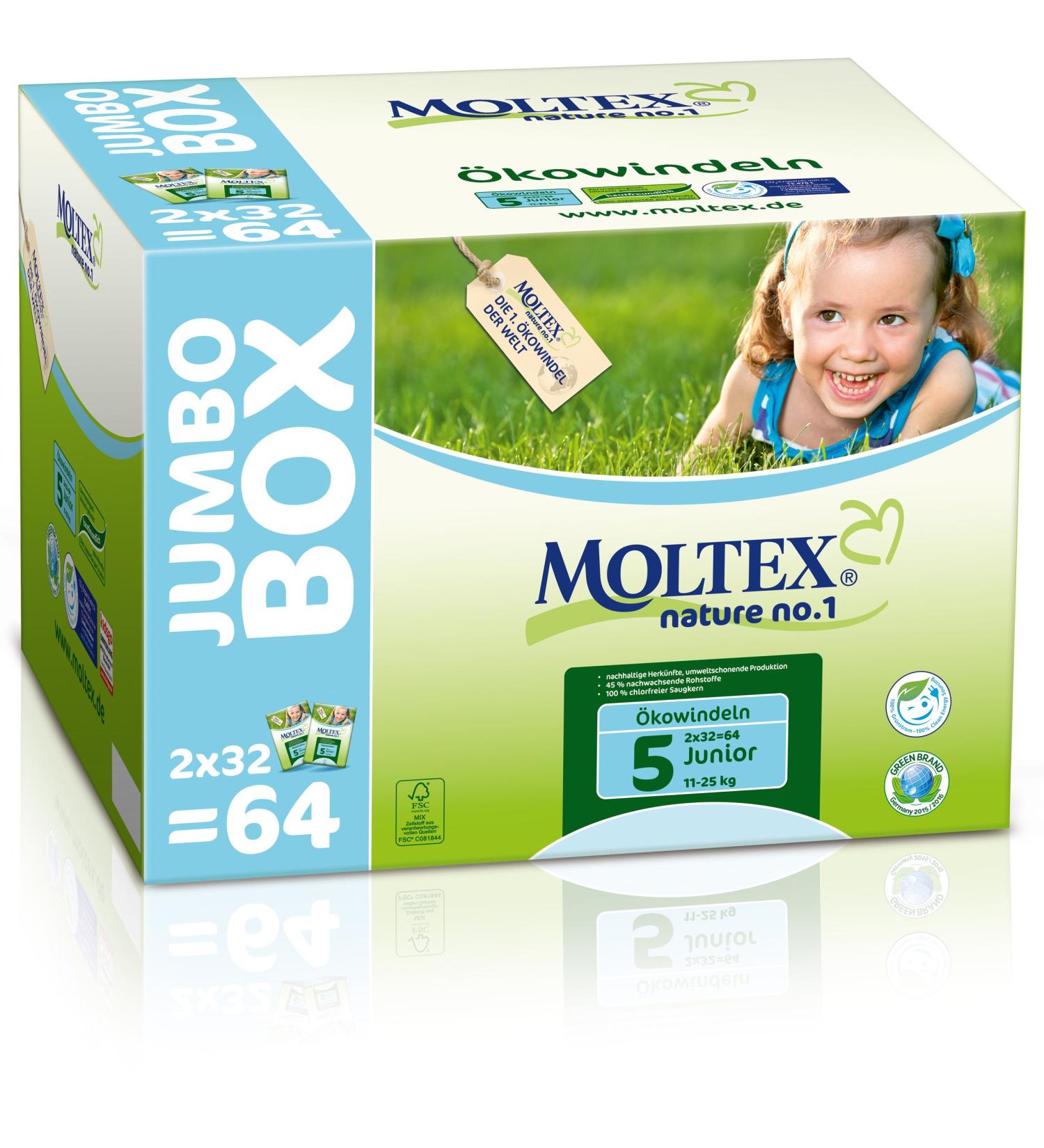 Moltex Nature No. 1 eco diapers jumbo pack size 5 (Junior) 11-25 kg (1 x 64 diapers)