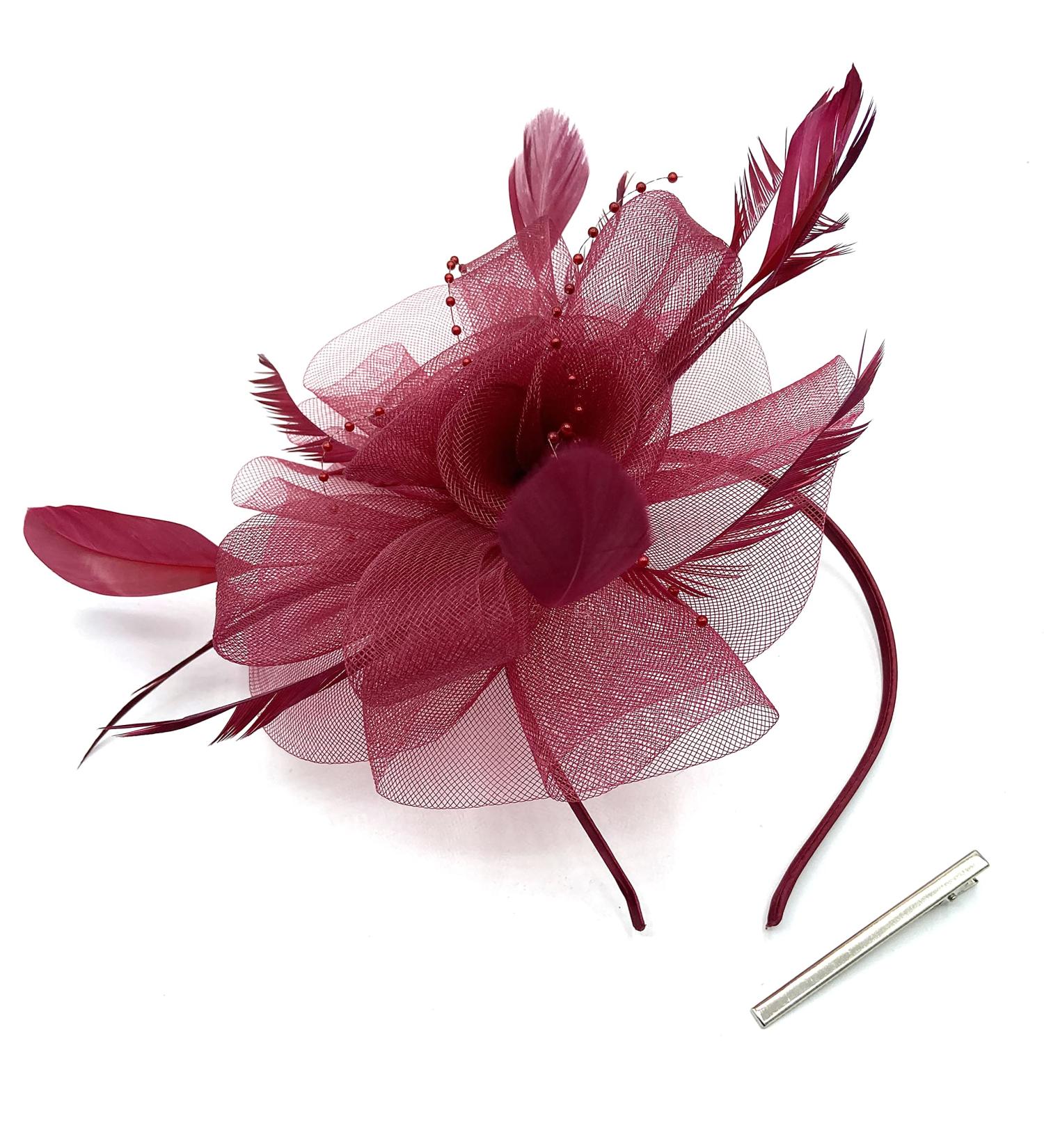 Ladies Feather Fasciantor Clip/Aliceband Hair Piece Weddings Races Royal Ascot (Burgundy) - Buy Online on GoSupps.com