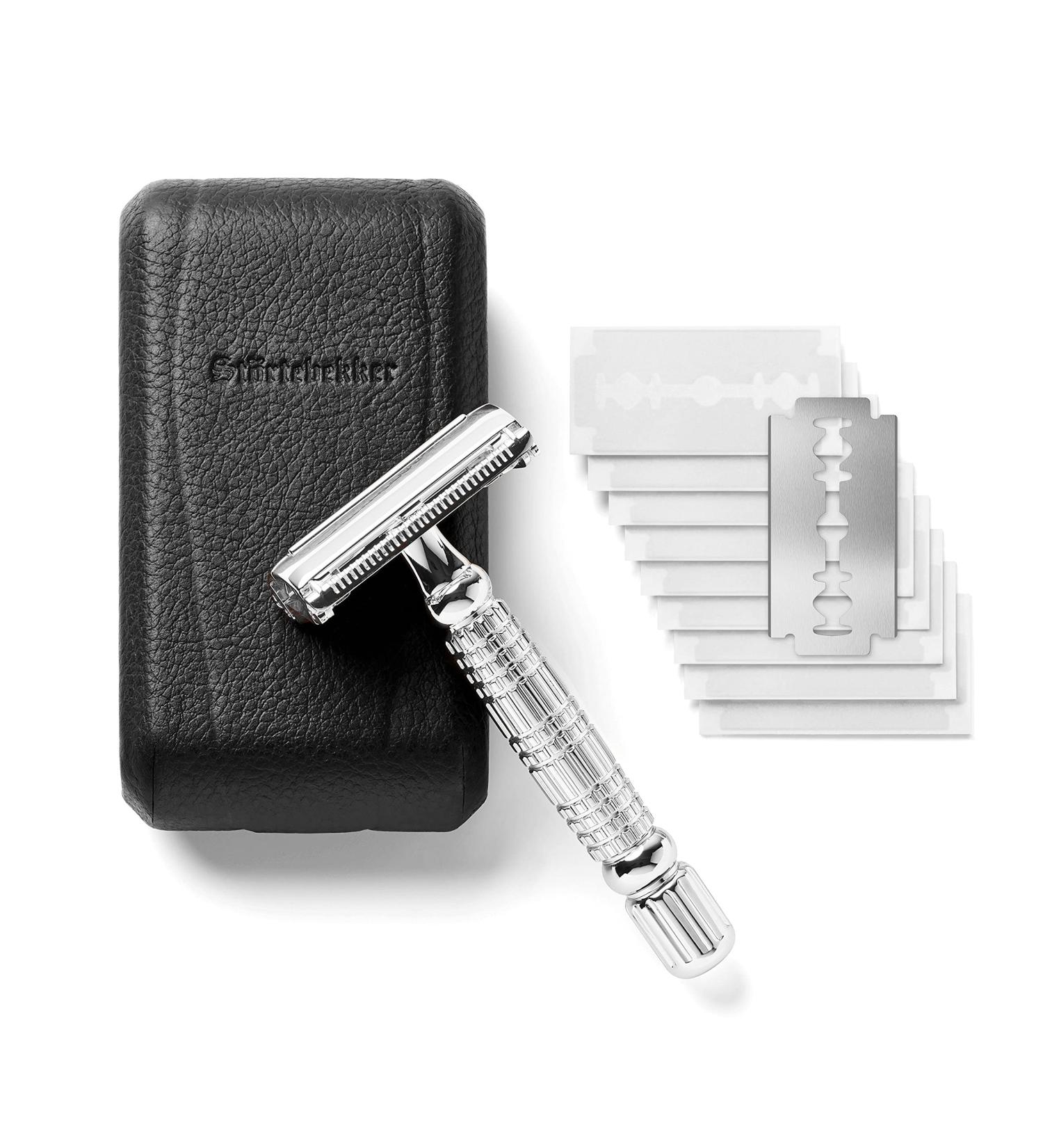 St rtebekker Premium Handmade Leather Razor Set | Travel Razor with 10 Blades & Mirror | Vintage Silver-Black Wet Razor - Buy Online on GoSupps.com