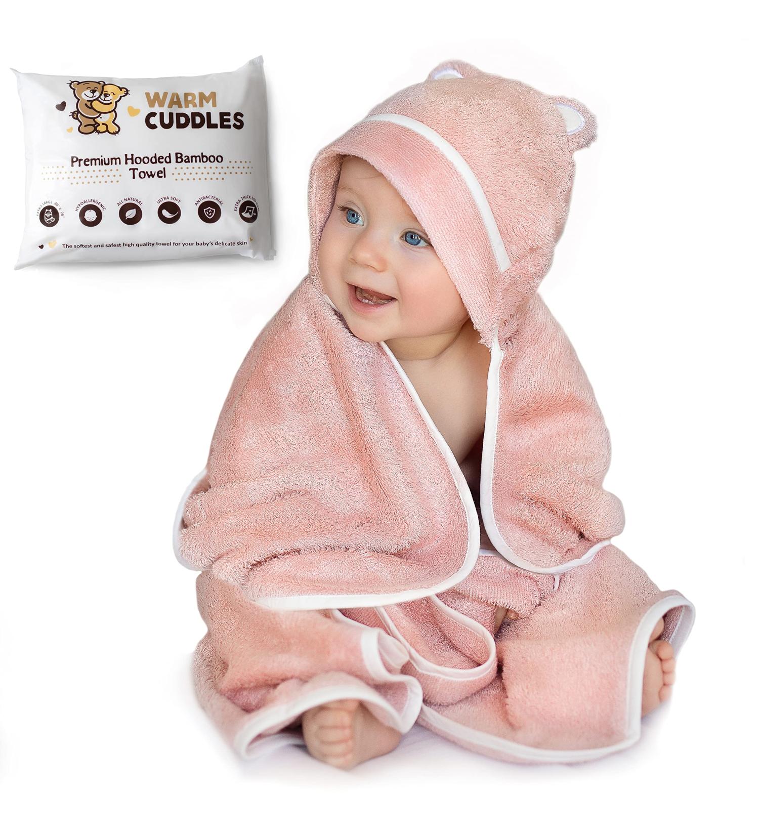 WARM CUDDLES Organic Bamboo Hooded Baby Towel in Pink - Large Hooded Towel for Newborns - Soft and Absorbent - Buy Online on GoSupps.com