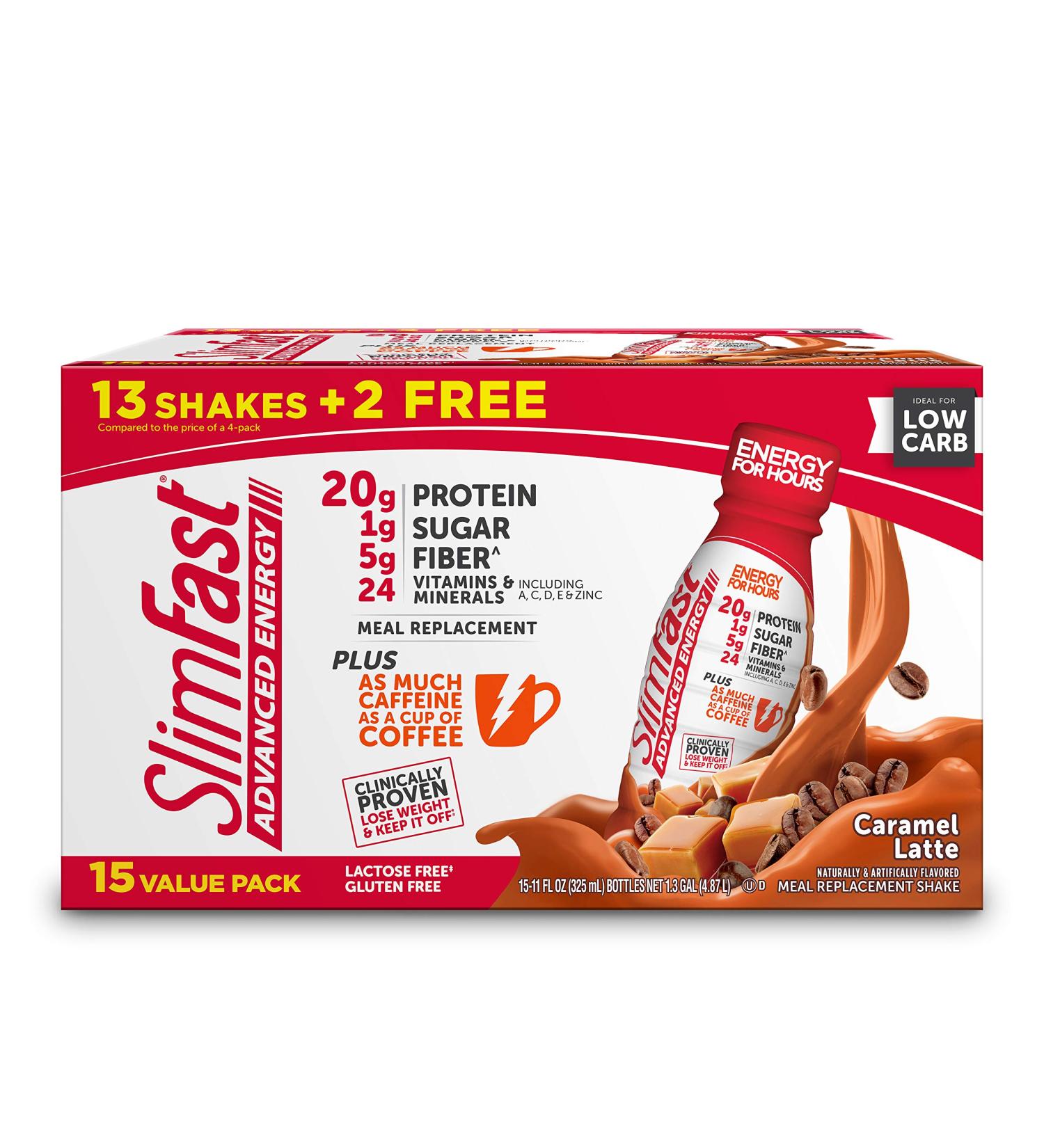 SlimFast Advanced Energy High Protein Shake, Caramel Latte Flavor - 15 Count, 20g Protein, Ready to Drink with Caffeine - 11 Fl. Oz Bottle - Buy Online on GoSupps.com