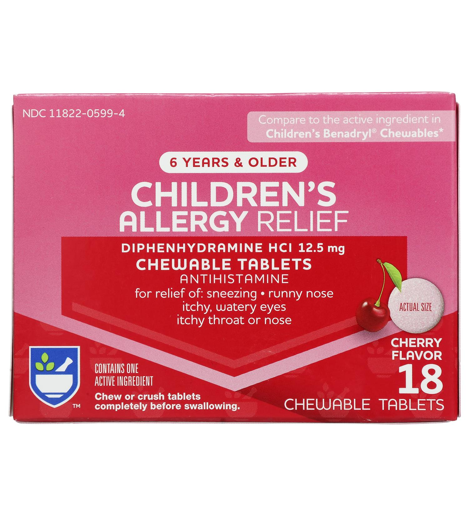 Rite Aid Children's Diphenhydramine Allergy Relief Cherry Flavor 12.5mg 18 Chewable Tablets Indoor and Outdoor Allergy Symptom Reliever