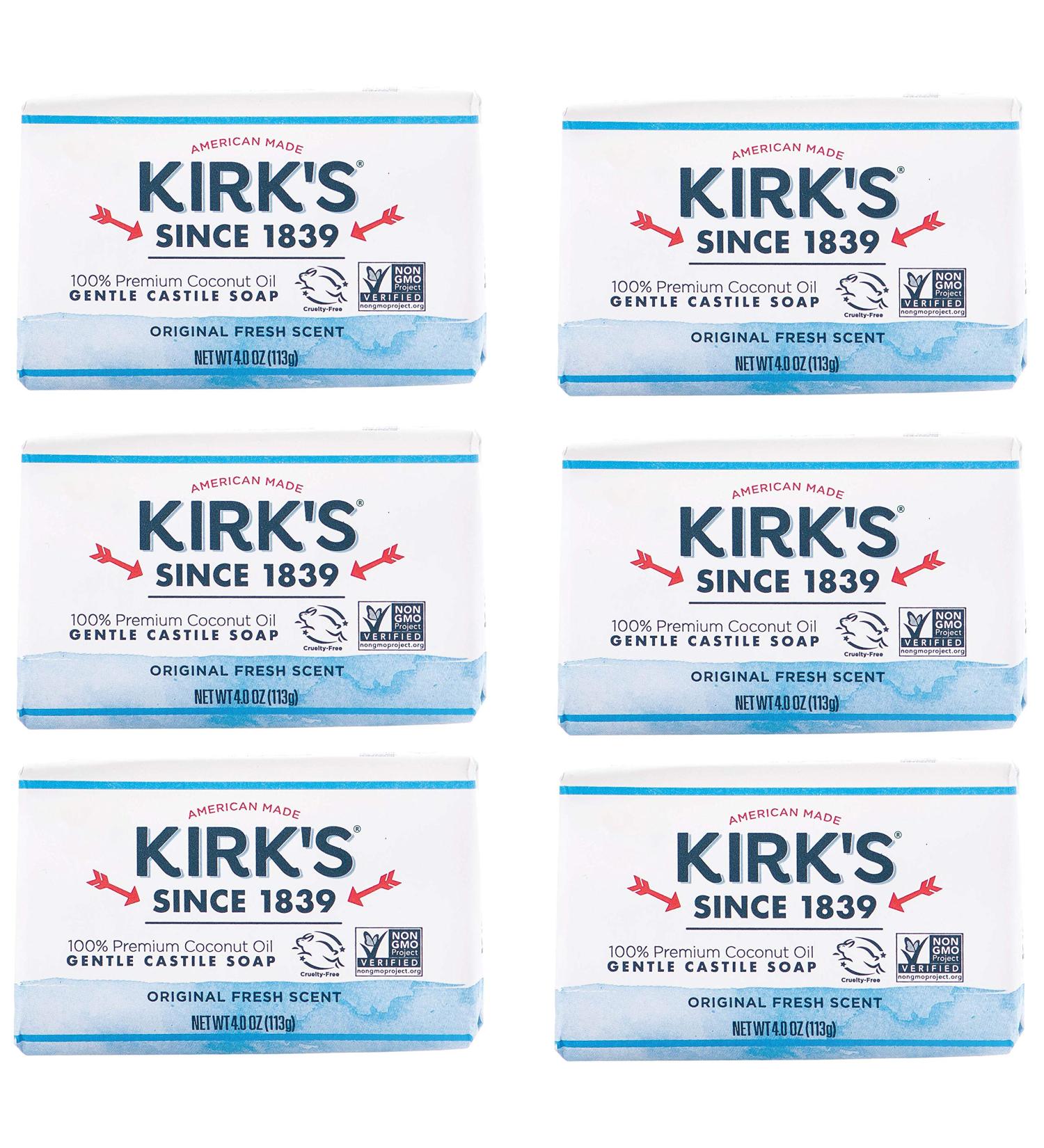 Kirks Castile Bar Soap - Premium Vegan Formula | Original Fresh Scent | 4 oz. Bars - 6 Pack - Buy Online on GoSupps.com