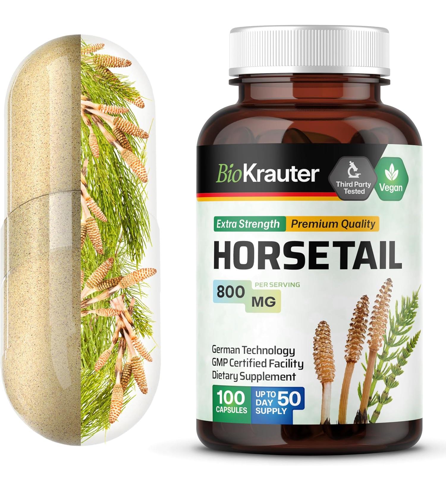 Organic Horsetail Capsules for Hair, Skin & Nails - With Nettle, Green Tea, Ginseng & Ginkgo Biloba - Immune Function & Antioxidant Support - 100 Capsules - Buy Online on GoSupps.com