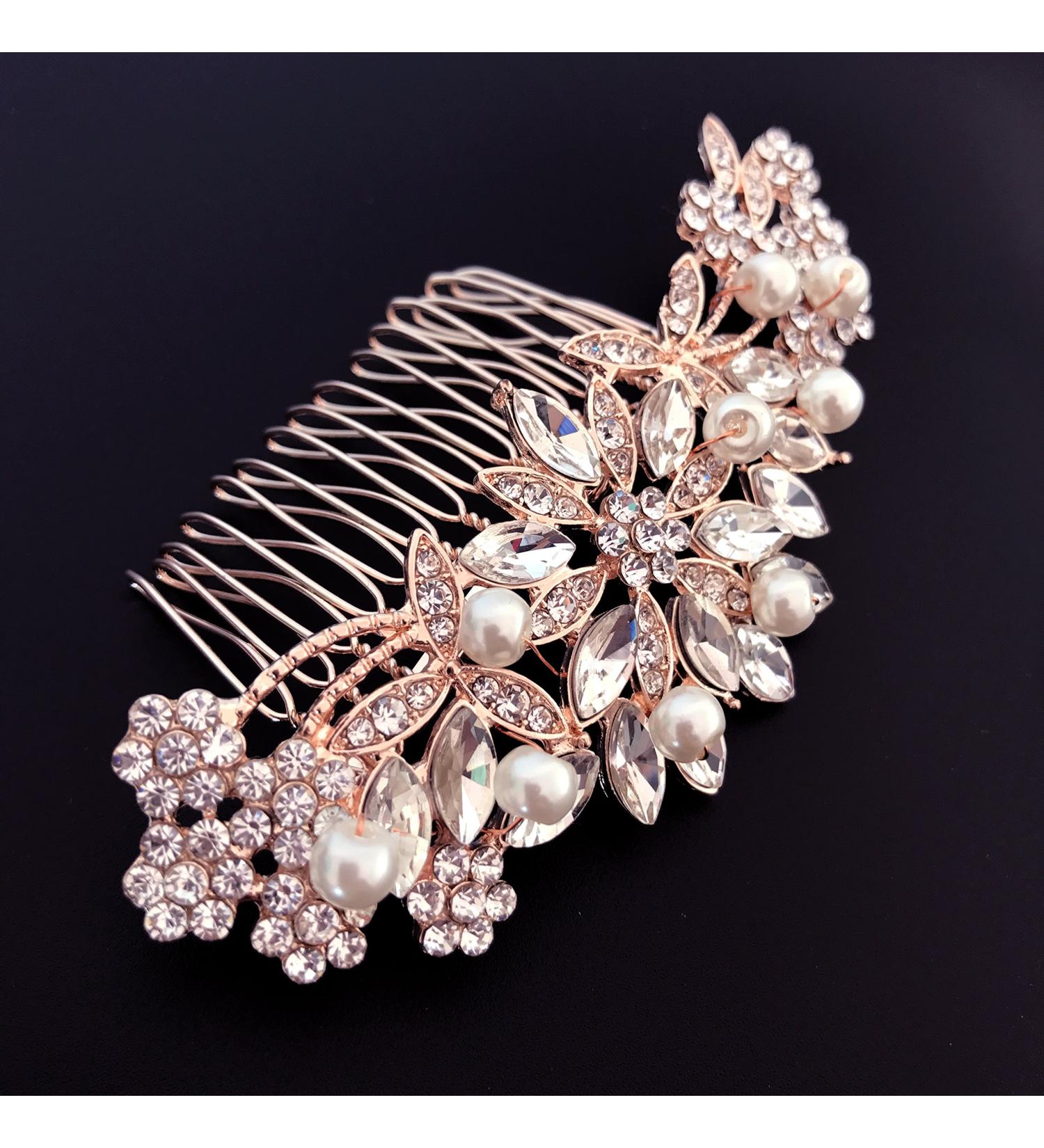 Ammei Rose Gold Wedding Hair Comb with Pearls and Crystals - Bridal Hair Accessories for Parties - Buy Online on GoSupps.com