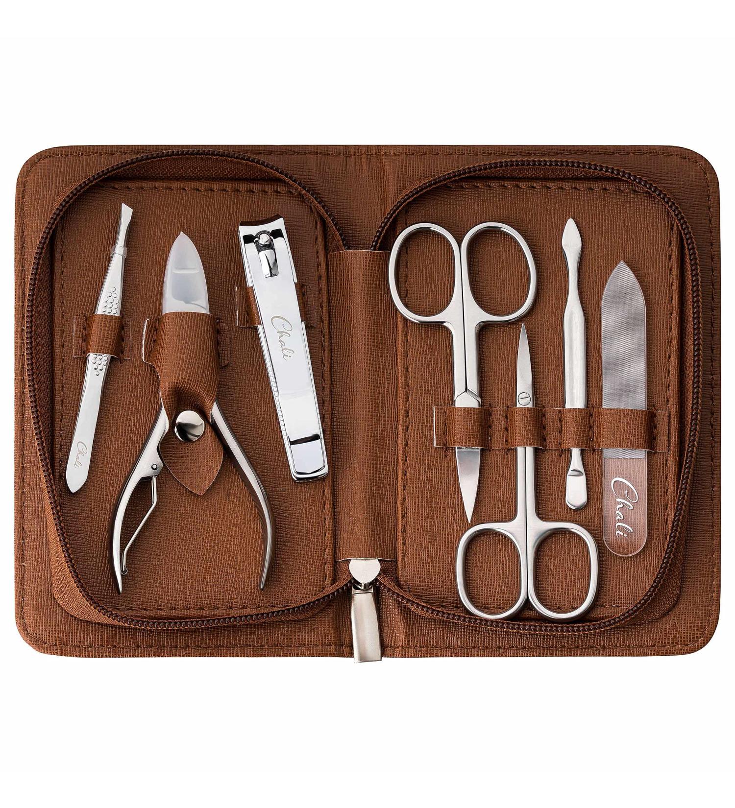 Chali 7-Piece Nail Set - Stainless Steel Manicure/Pedicure Kit with Case Nail Scissors Clippers & Glass File | International Shipping - Buy Online on GoSupps.com