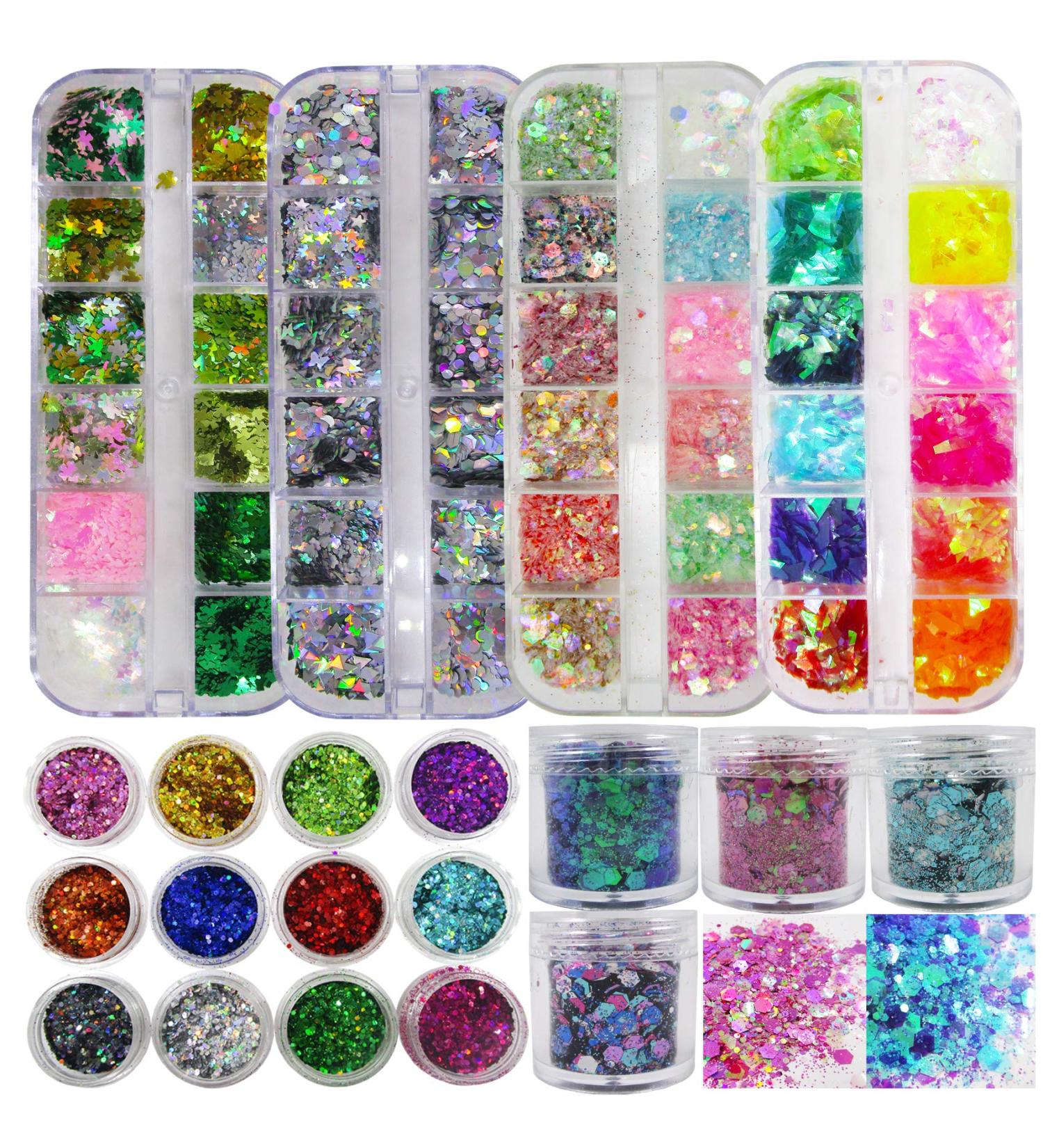 LoveOurHome Holographic Glitter Sequins Set - Hexagon Stars, Butterfly Shapes, Mylar Flakes, Fine Glitter Powder - Nail Art, Crafts, Resin Molds, Makeup - Buy Online on GoSupps.com