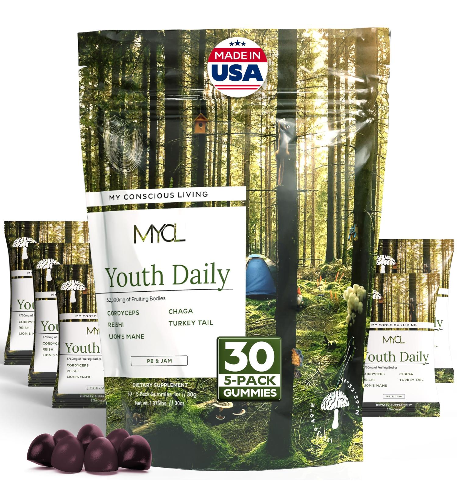 MYCL Youth Daily Vitamin Mushroom Gummies | 500mg Fruiting Body Mushrooms Cordyceps, Reishi, Lion s Mane, Turkey Tail & Chaga | Immune & Focus Support | PB & Jam Flavor, 30 Servings (5-Gummy Packs) - Buy Online on GoSupps.com