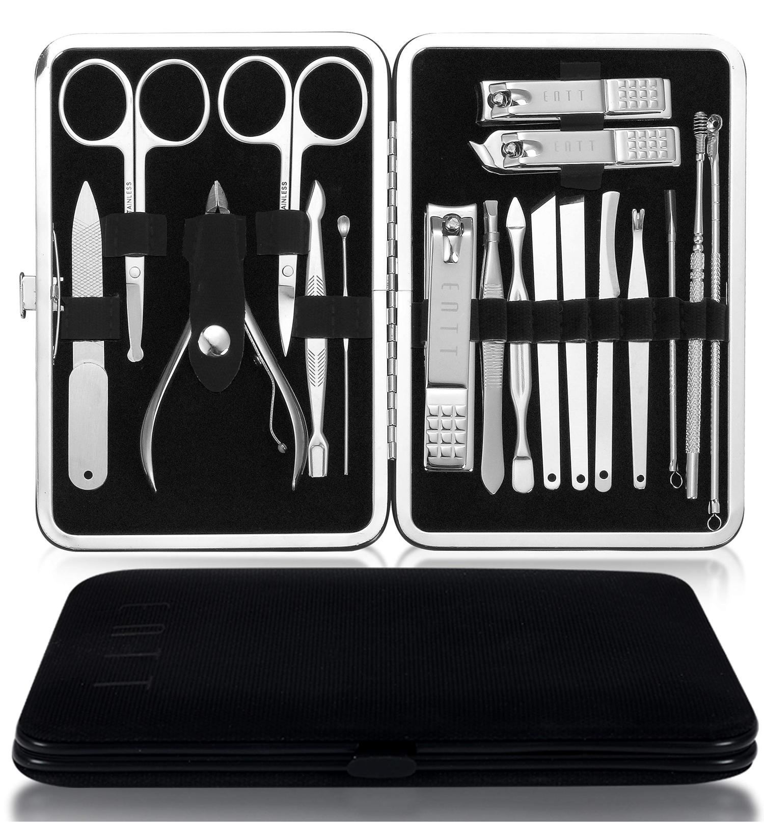ENTT Manicure Pedicure Grooming Set Kit Gift - 18 Piece Steel Finish Tools for Men/Women | Professional Nail Clippers in Black Case - Premium Quality for Home & Travel - Buy Online on GoSupps.com