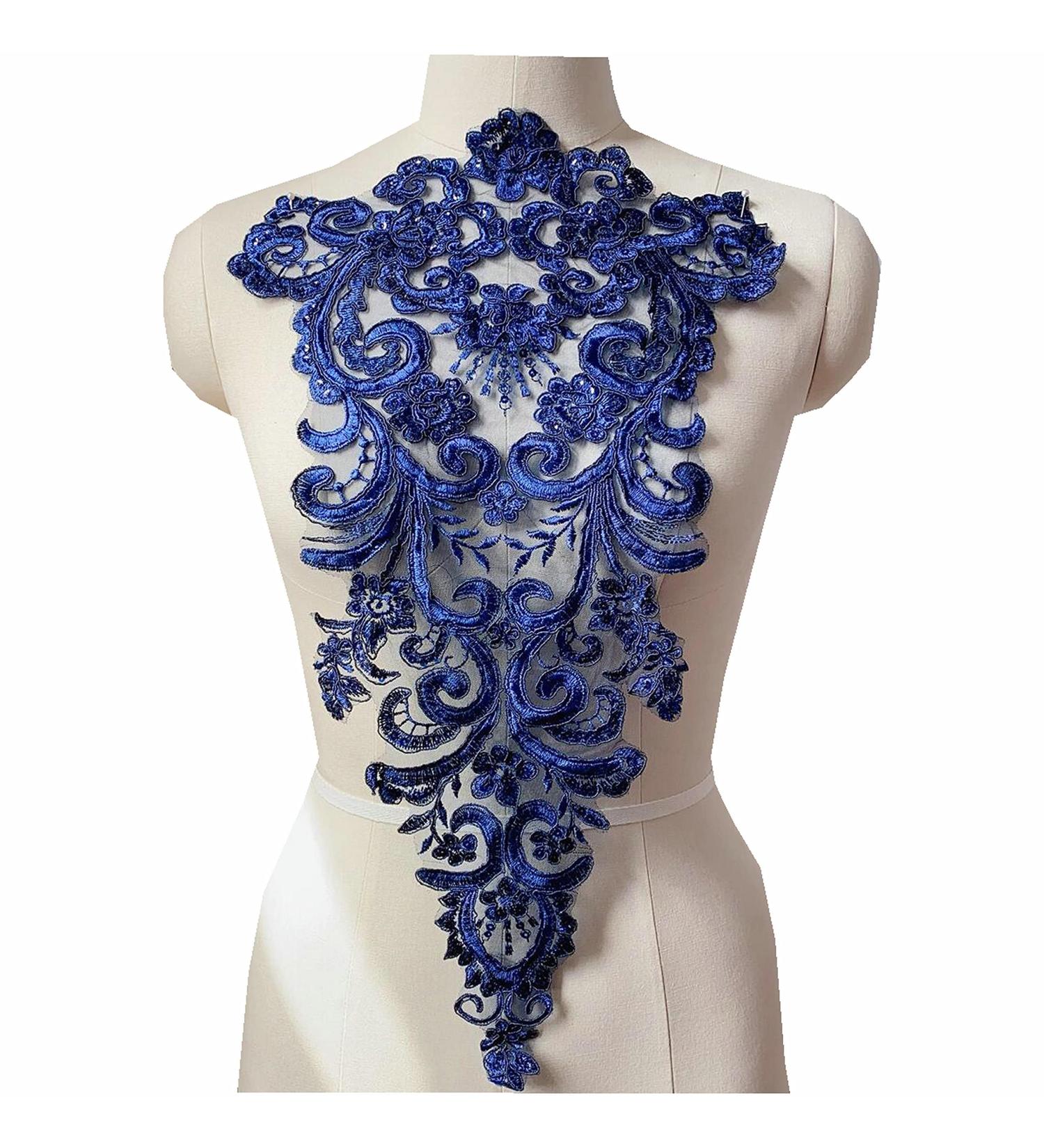 Flowers Lace Fabric Embroidered Patches Wedding Gown Appliques Baroque Trims Collar Mesh Sew On Patch for Dress DIY Decoration (Navy Blue)