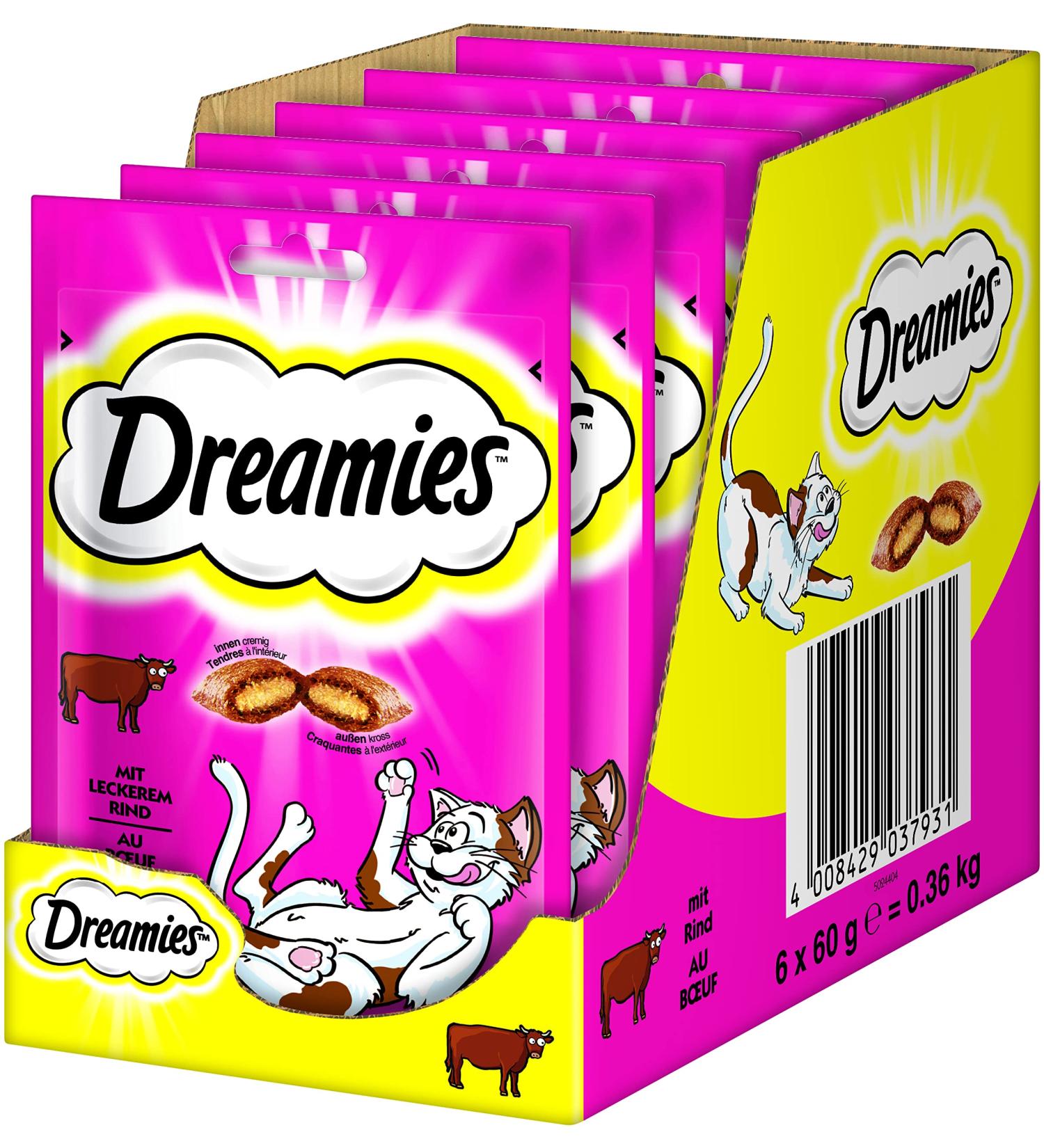 Dreamies Classic Cat Snacks with Beef - Crispy Treats for Cats - 360g (6 x 60g) - International Shipping Available - Buy Online on GoSupps.com