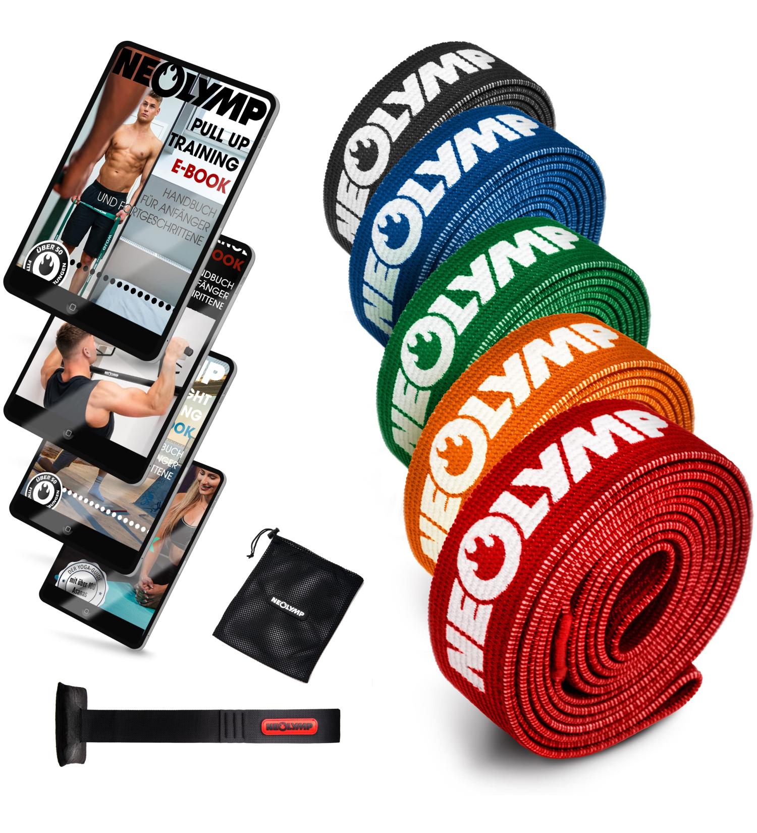 Neo-Olympus Long Fitness Bands Set - Washable Resistance Bands & E-book for Strength Training Gymnastics and Workout - 5-Series Fabric Resistance Tapes - Buy Online on GoSupps.com
