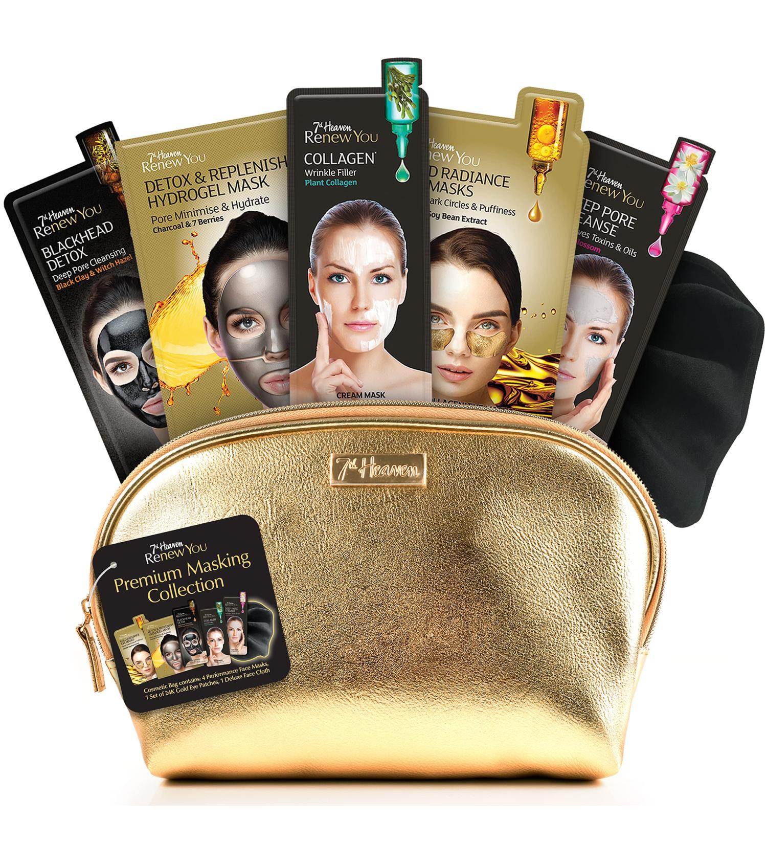 7th Heaven RenewYou Golden Luxury Skincare Gift Set - Contains a Variety of Face Masks to Cleanse and Hydrate Skin Gold Cosmetic Bag and Soft Cleansing Face Cloth - Buy Online on GoSupps.com